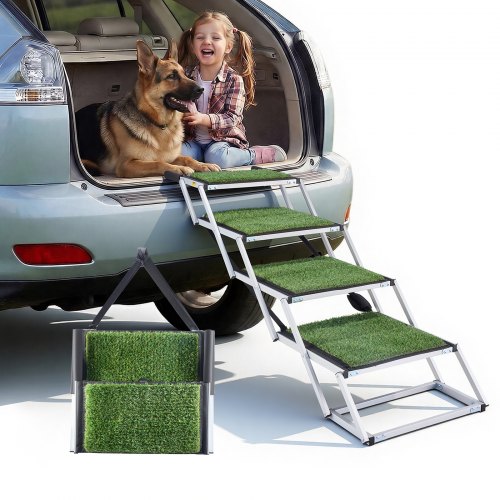 VEVOR Opvouwbare 4-treden hondenoprijplaat voor in de auto, extra brede hondenoprijplaat voor grote honden met antislipoppervlak, draagbaar hulpmiddel voor toegang tot auto, SUV, vrachtwagen, hoogslaper, bank, draagvermogen tot 90 kg