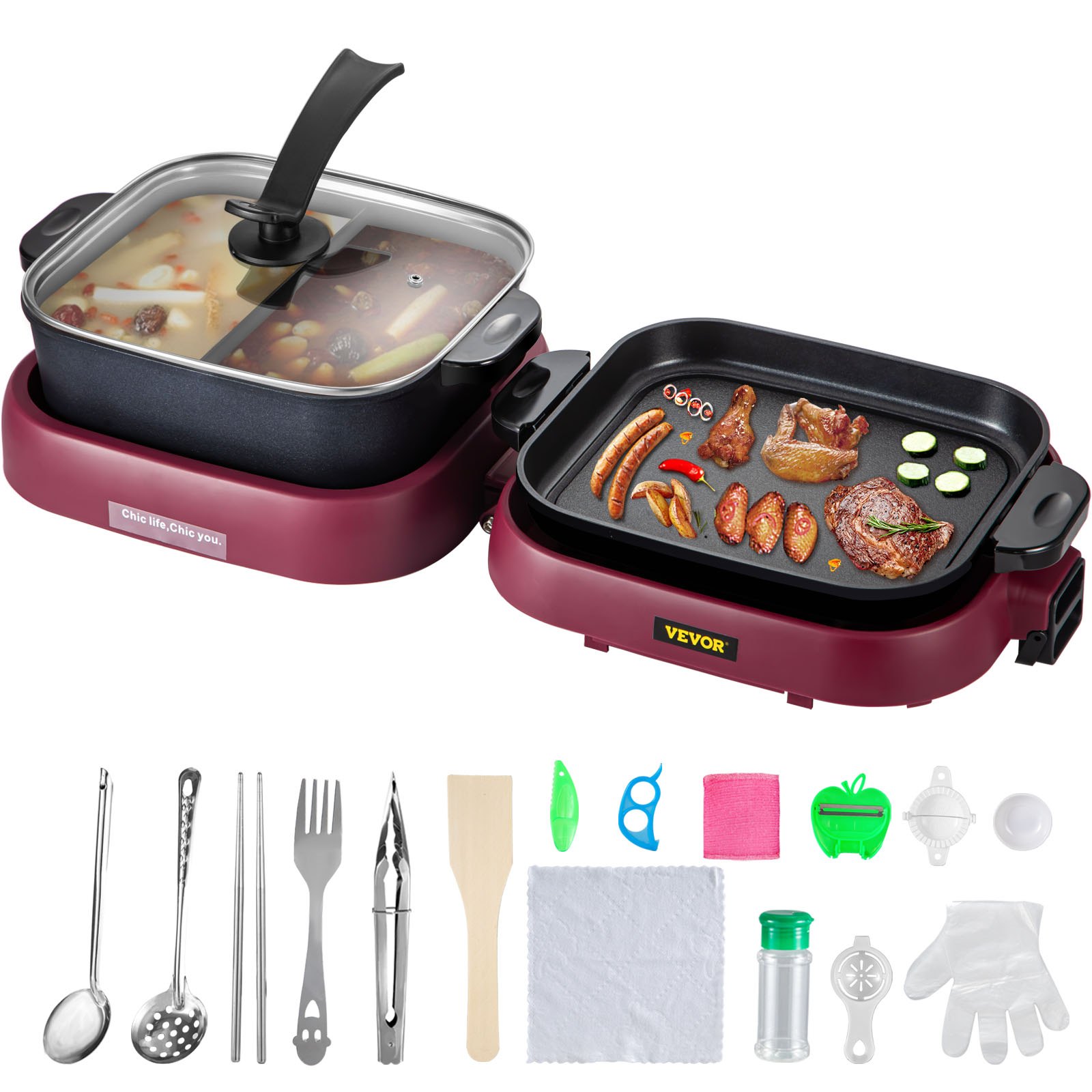VEVOR 2 in 1 Electric Grill and Hot Pot, Foldable BBQ Pan Grill and Hot Pot, 2100W Multifunctional Teppanyaki Grill Pot with Dual Temp Control, Smokeless Hot Pot Grill with Nonstick Coating
