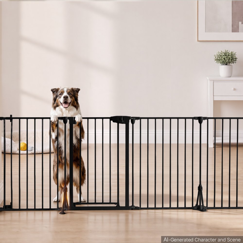VEVOR Haardveiligheidshek, Hekwerk zonder boren, 813 mm, 4-delig, Zwart, Haardveiligheidshek voor Honden, Dubbele Driehoekige Steun, Metalen Constructie, Vrijstaand of Wandmontage, Flexibele Vormen