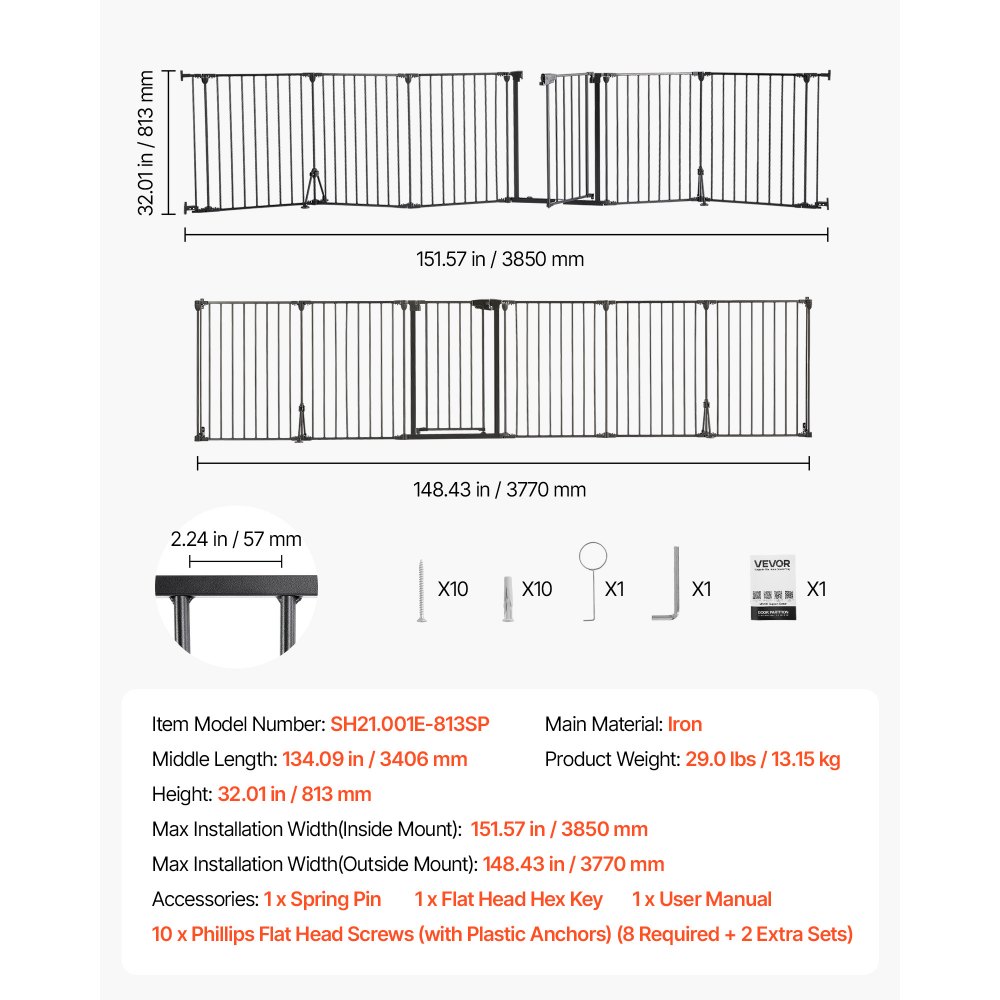 VEVOR Haardveiligheidshek, Hekwerk zonder boren, 813 mm, 6-delige set, Zwart, Haardveiligheidshek voor honden, Dubbele driehoekige steun, Metalen constructie, Vrijstaand of aan de muur te bevestigen, Flexibele vormen