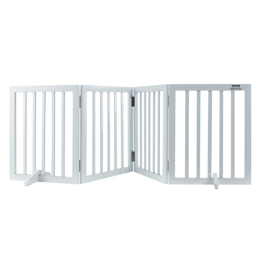 VEVOR freestanding dog gate in white with three hinged panels and stabilizing feet.