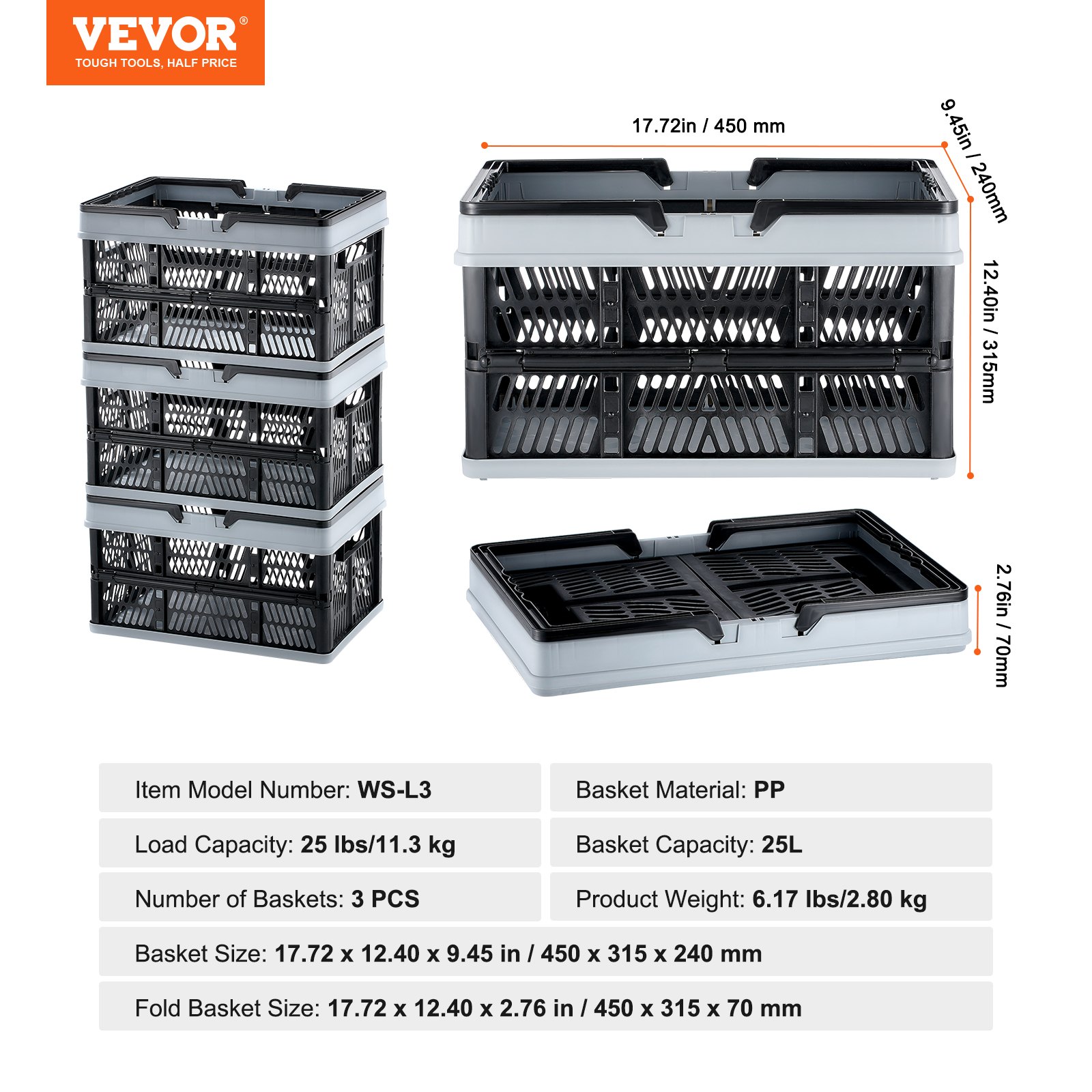 VEVOR Foldable Shopping Basket Portable Grocery Basket 3PCS 25L with Handle