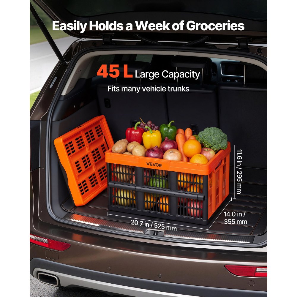VEVOR Opvouwbare Opbergdozen 45L, Set van 6, Opvouwbare Plastic Opbergdozen, Stapelbare Opvouwbare Manden met Handvatten, 15 kg Draagvermogen per Doos, Opvouwbare Krat, Ideaal voor Huishoudelijke Organisatie, Oranje & Zwart