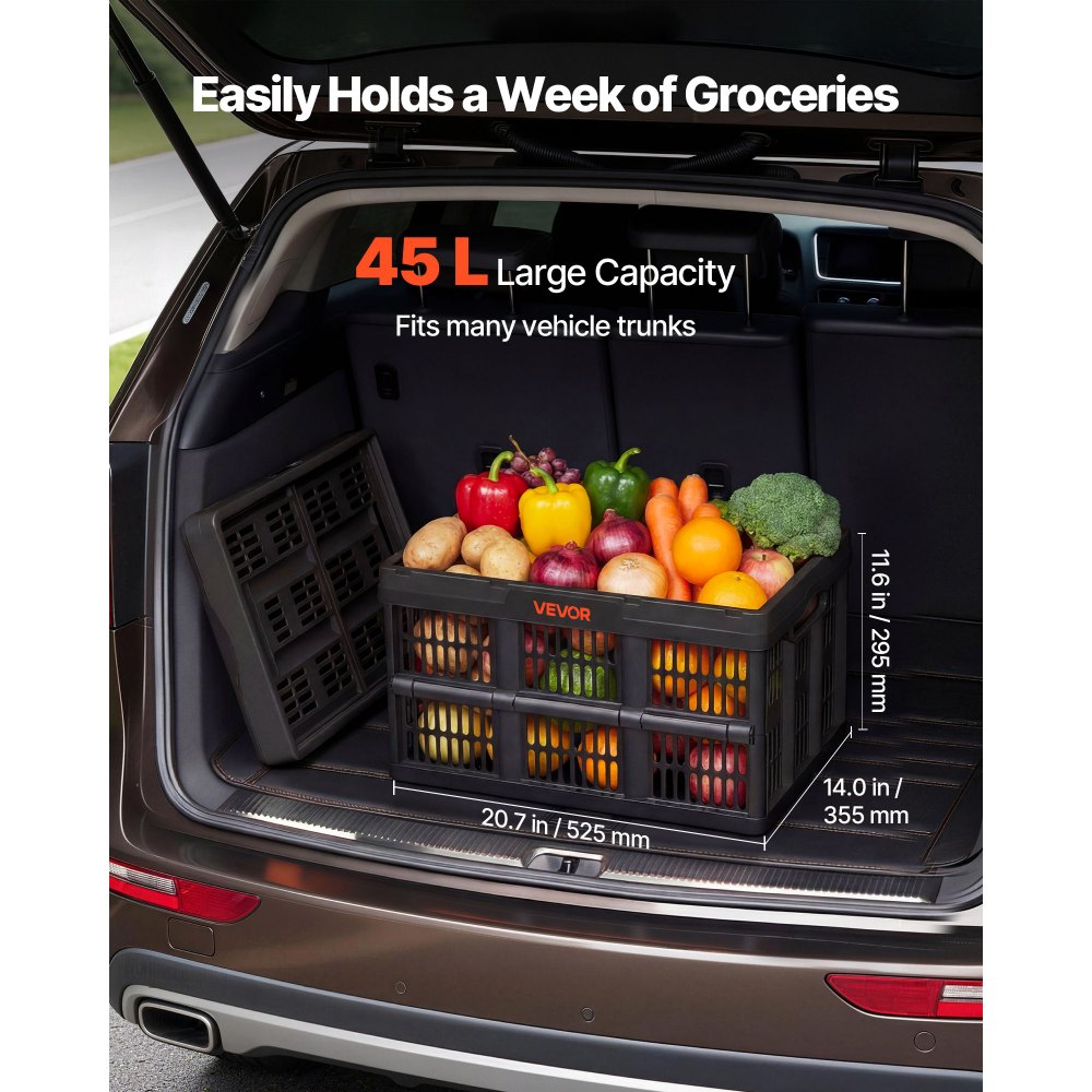 VEVOR Opvouwbare Opbergdozen 45 L 3-pack, Opvouwbare Plastic Opbergdozen, Stapelbare Opvouwbare Manden met Handvatten, 15 kg Draagvermogen per Doos, Opvouwbare Krat, Ideaal voor Huishoudelijke Organisatie, Zwart