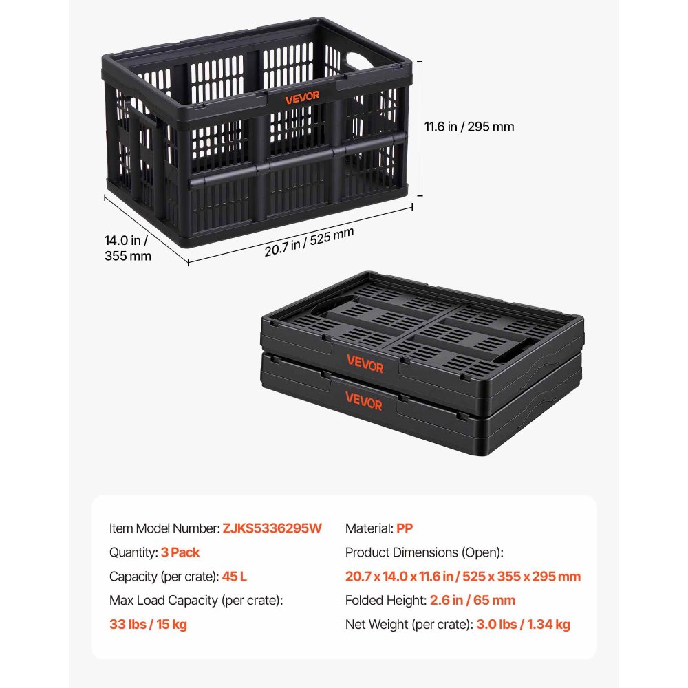 VEVOR Opvouwbare Opbergdozen 45 L 3-pack, Opvouwbare Plastic Opbergdozen, Stapelbare Opvouwbare Manden met Handvatten, 15 kg Draagvermogen per Doos, Opvouwbare Krat, Ideaal voor Huishoudelijke Organisatie, Zwart