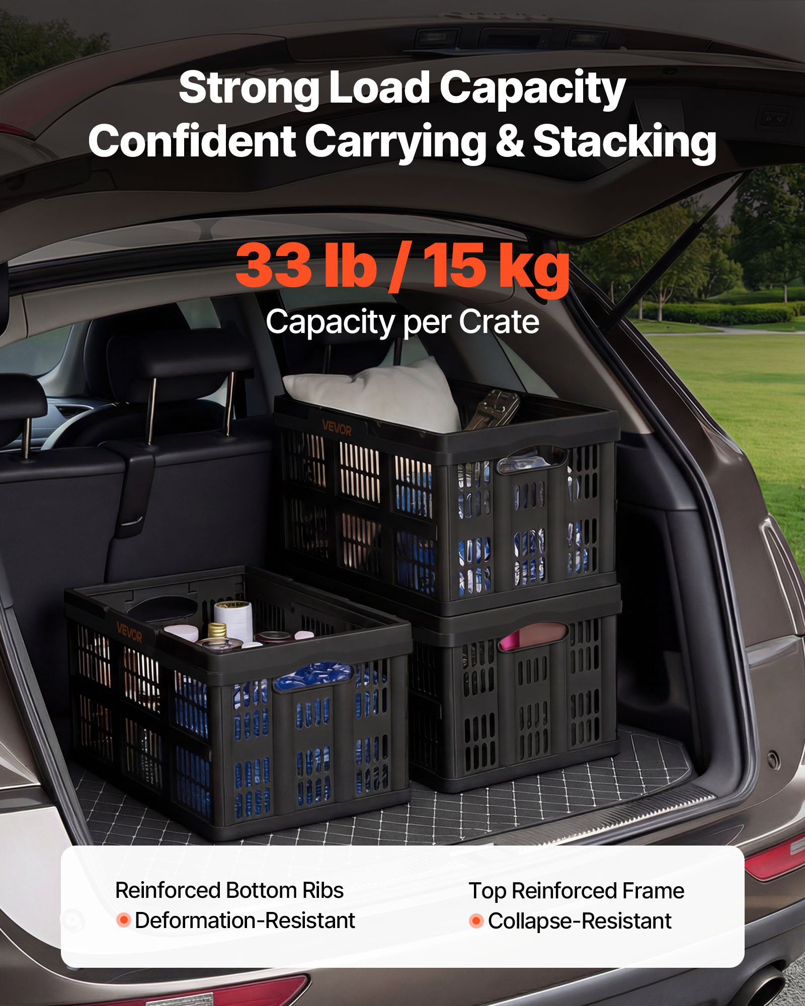 VEVOR Opvouwbare Opbergdozen 45 L 3-pack, Opvouwbare Plastic Opbergdozen, Stapelbare Opvouwbare Manden met Handvatten, 15 kg Draagvermogen per Doos, Opvouwbare Krat, Ideaal voor Huishoudelijke Organisatie, Zwart