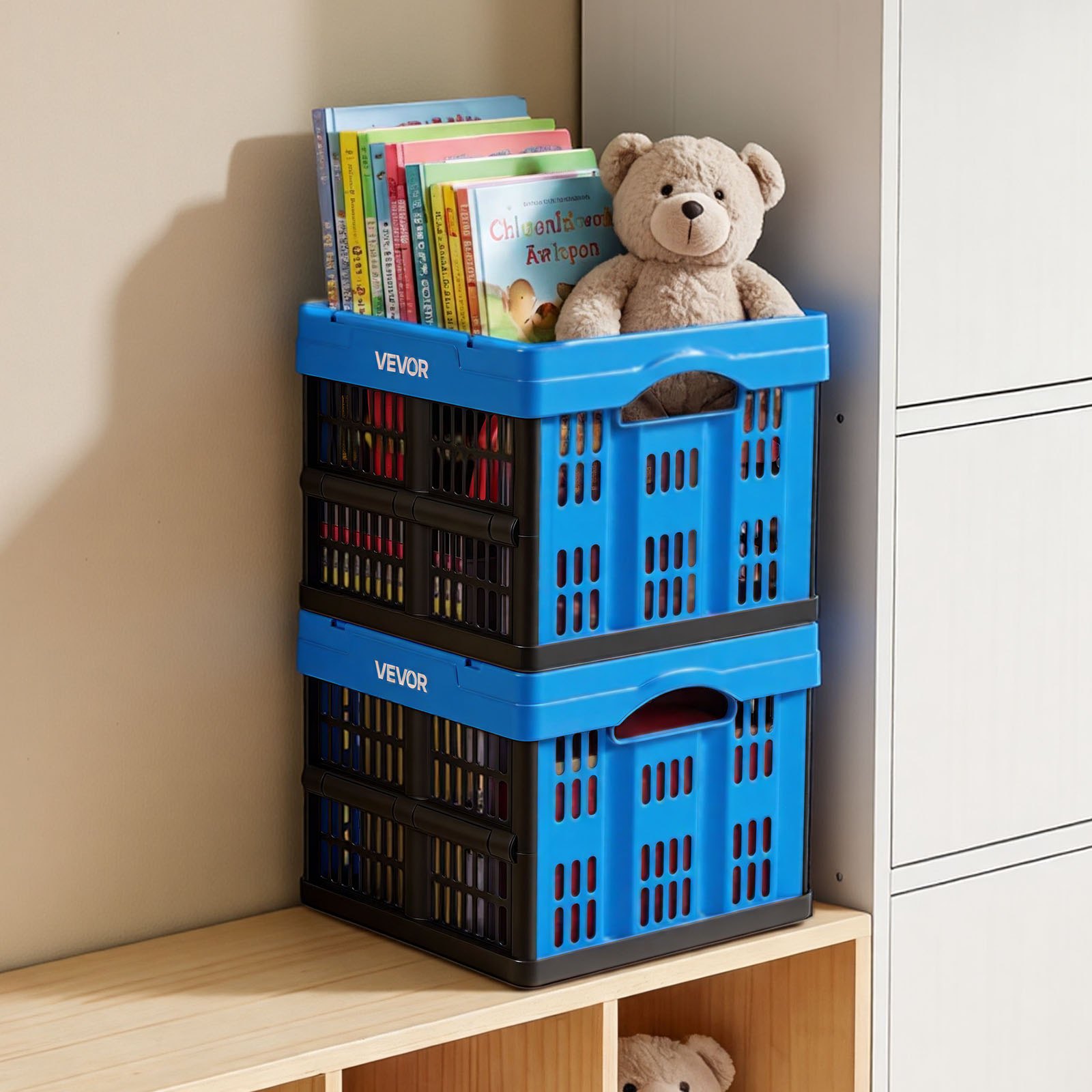 VEVOR Opvouwbare Opbergdozen 25L, Set van 3, Opvouwbare Plastic Opbergdozen, Stapelbare Opvouwbare Manden met Handvatten, 10 kg Draagvermogen per Doos, Opvouwbare Krat, Ideaal voor Huishoudelijke Organisatie, Blauw & Zwart