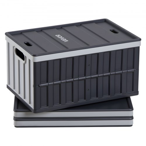 VEVOR Opvouwbare Opbergdozen 65 L 3-pack, Opvouwbare Plastic Opbergdozen, Stapelbare Opvouwbare Manden met Deksel, 38 kg Draagvermogen per Doos, Opvouwbare Kisten, Ideaal voor Huishoudelijke Organisatie, Grijs & Zwart