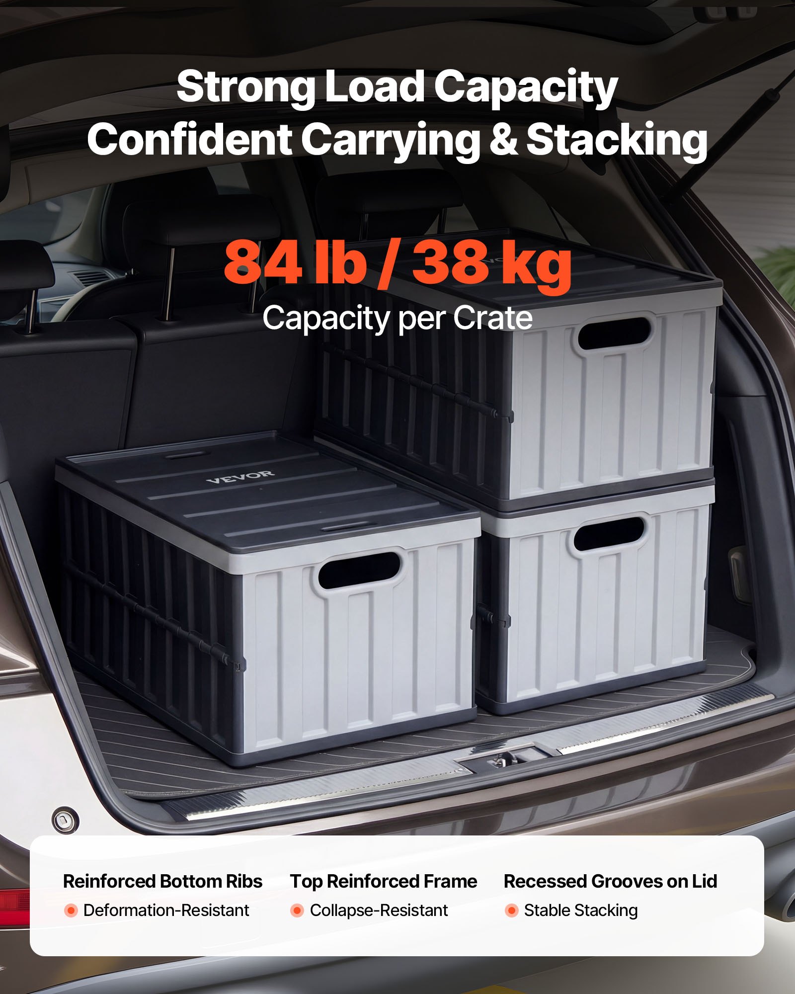 VEVOR Opvouwbare Opbergdozen 65 L 3-pack, Opvouwbare Plastic Opbergdozen, Stapelbare Opvouwbare Manden met Deksel, 38 kg Draagvermogen per Doos, Opvouwbare Kisten, Ideaal voor Huishoudelijke Organisatie, Grijs & Zwart