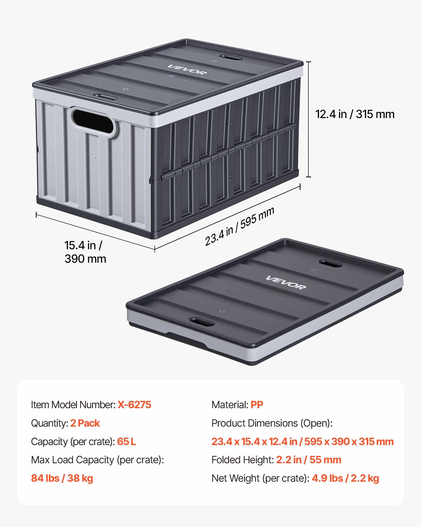 VEVOR Opvouwbare Opbergdozen 65 L 2-pack, Opvouwbare Plastic Opbergdozen, Stapelbare Opvouwbare Manden met Deksel, 38 kg Draagvermogen per Doos, Opvouwbare Krat, Ideaal voor Huishoudelijke Organisatie, Grijs & Zwart