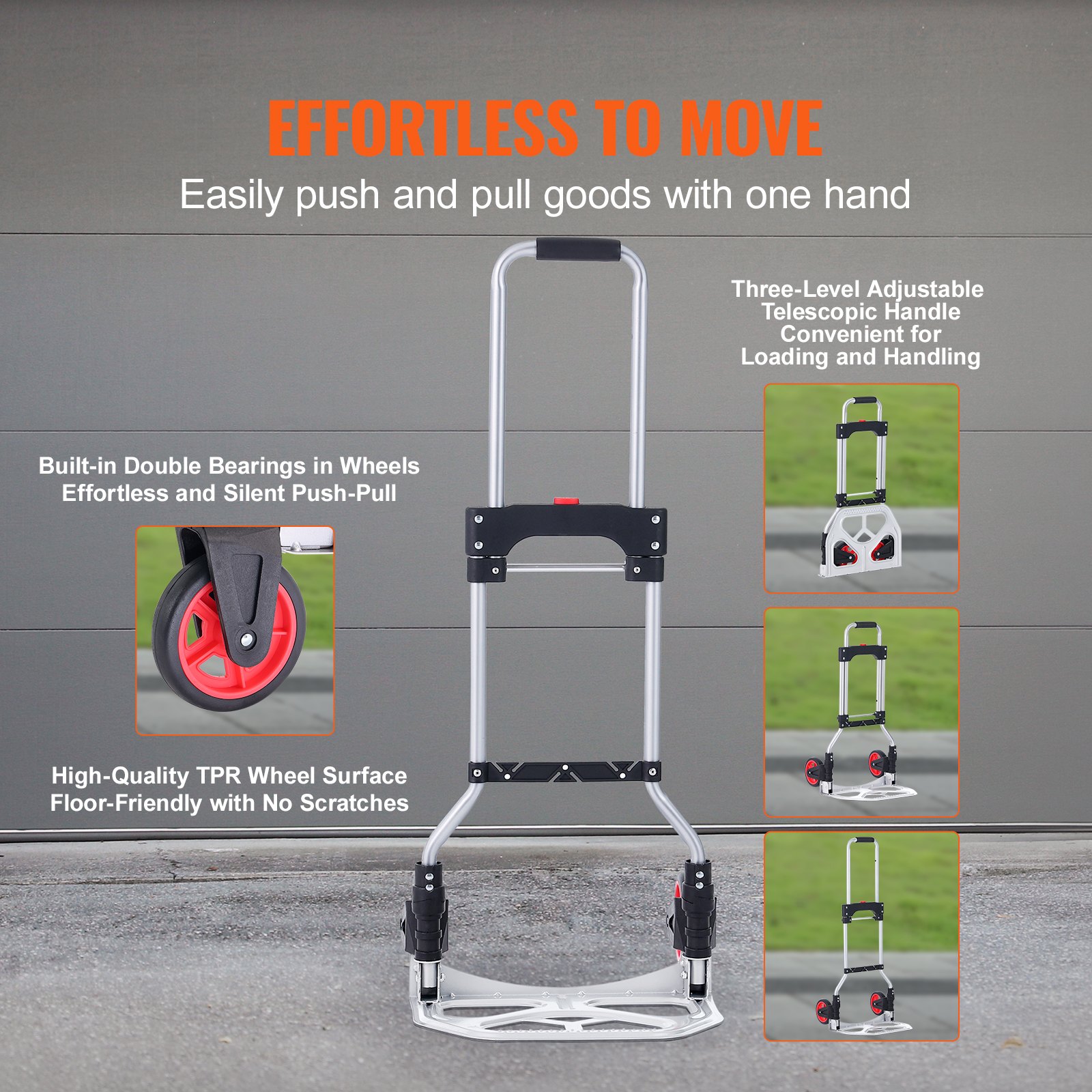 VEVOR Opvouwbare steekwagen 80 kg Transportwagen gemaakt van aluminiumlegering en kunststof Stapelwagen met verstelbare handgreep 715-930 mm Opvouwbare trolley inclusief bindtouw Compact formaat voor opslag