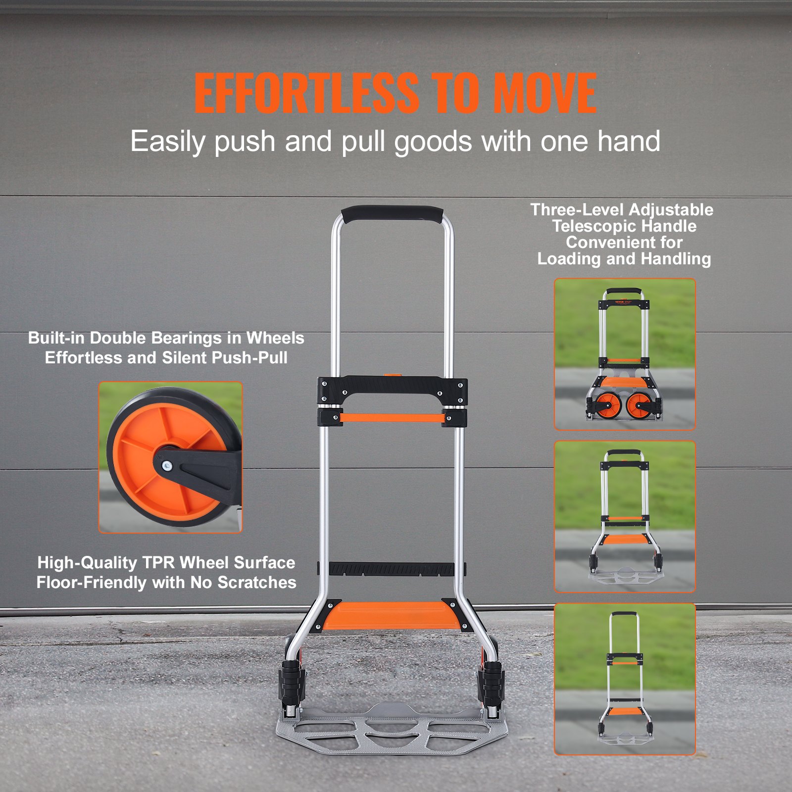 VEVOR Opvouwbare steekwagen 125 kg Transportwagen Gemaakt van aluminiumlegering en kunststof Stapelwagen met verstelbare handgreep 820-1105 mm Opvouwbare trolley Inclusief bevestigingskoord Compact formaat voor opslag