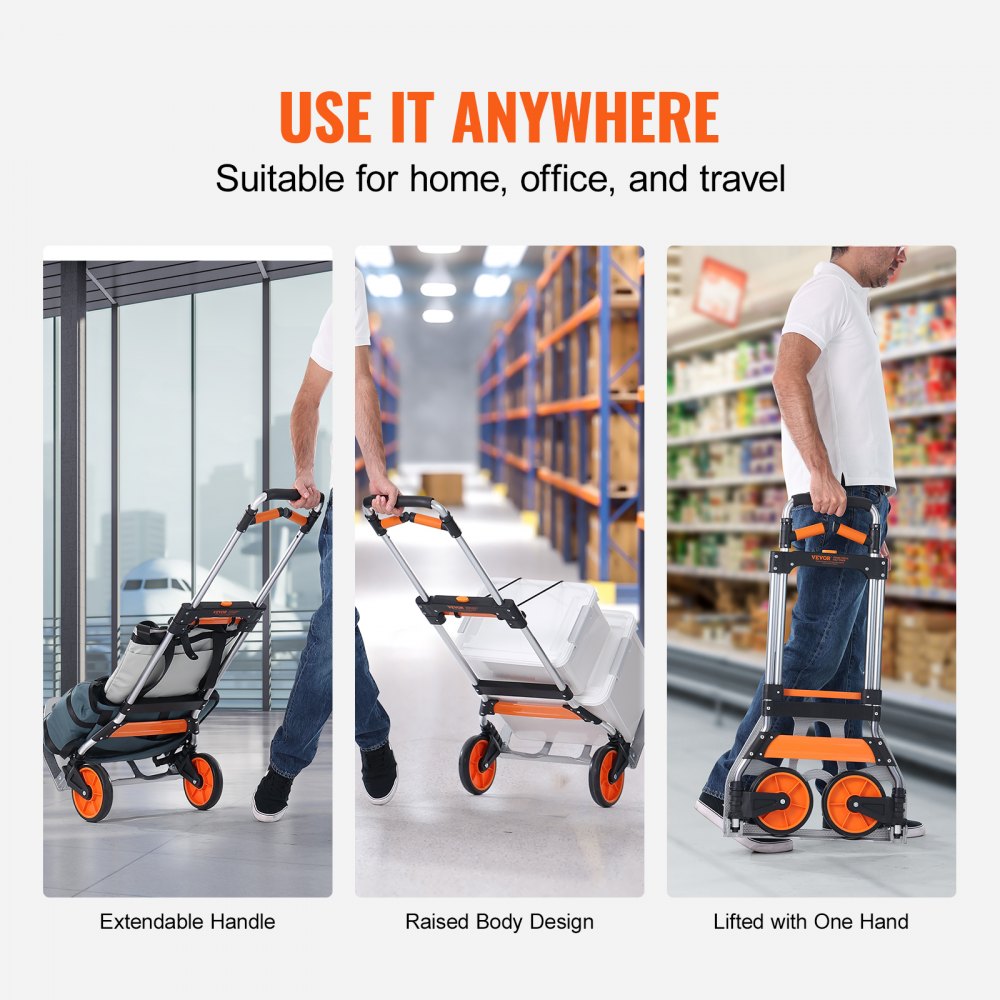 VEVOR Folding Hand Truck, 309 lbs Load Capacity, Aluminum Portable Cart, Convertible Hand Truck and Dolly with Telescoping Handle and PP+TPR Wheels, Ultra Lightweight Super Strong for Moving Warehouse