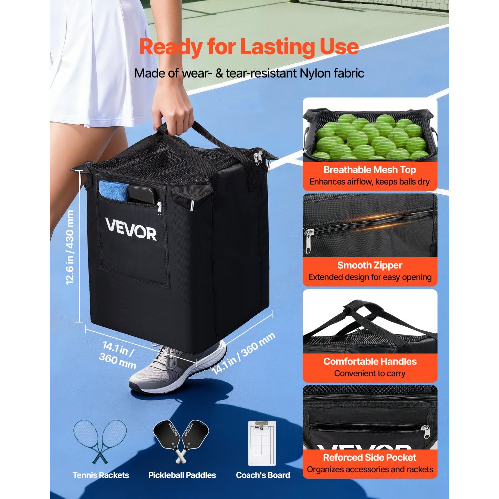 VEVOR Opvouwbare Tennisballenwagen, Tennisballenmand voor 200 tennisballen, Inklapbare ballenwagen met roestvrijstalen frame en draagtas, Mobiele ballenmand op wielen voor training, Clubopslag, Zwart