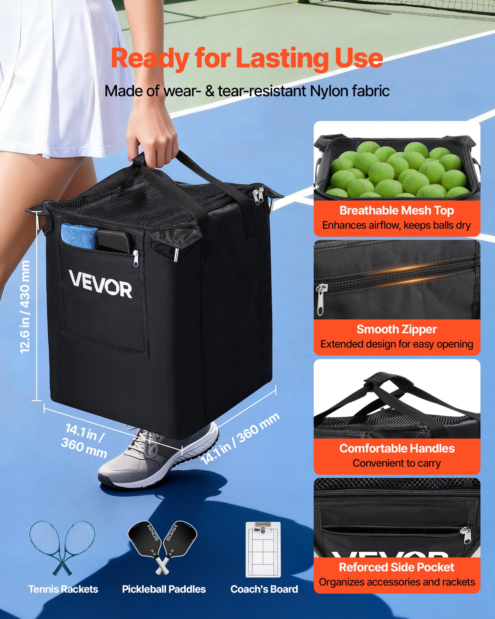 VEVOR Opvouwbare Tennisballenwagen, Tennisballenmand voor 200 tennisballen, Inklapbare ballenwagen met roestvrijstalen frame en draagtas, Mobiele ballenmand op wielen voor training, Clubopslag, Zwart
