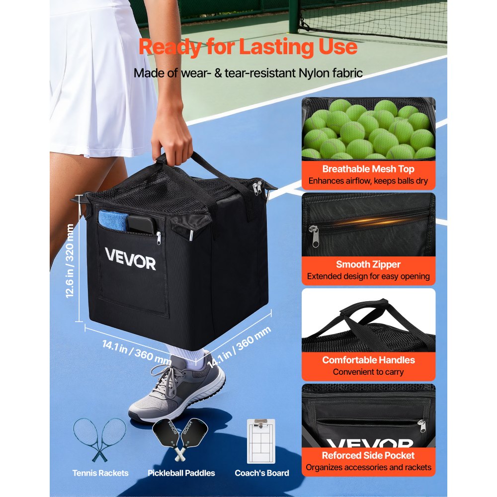 VEVOR Opvouwbare Tennisballenwagen, Tennisballenmand voor 150 tennisballen, Inklapbare ballenwagen met frame van aluminiumlegering en draagtas, Mobiele ballenmand met wielen voor trainingsdoeleinden en opslag, Zwart