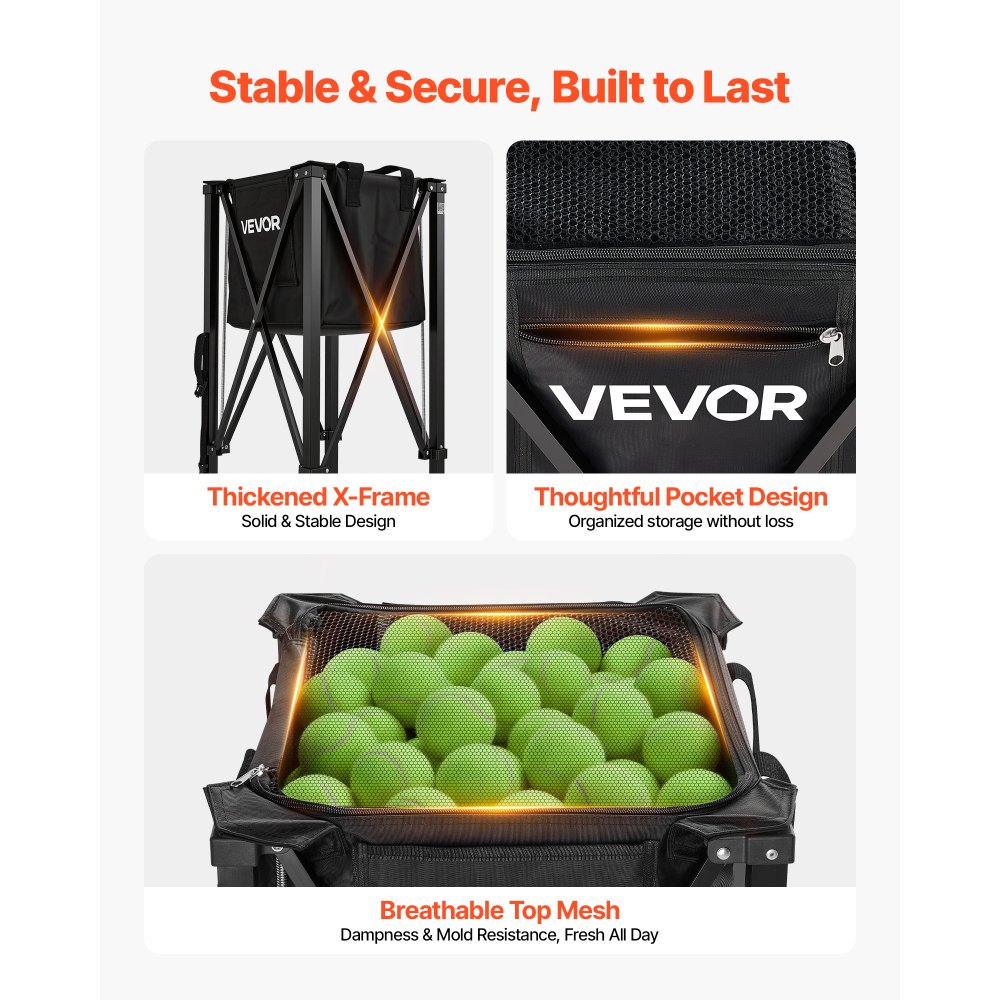 VEVOR Opvouwbare Tennisballenwagen, Tennisballenmand voor 150 tennisballen, Inklapbare ballenwagen met frame van aluminiumlegering en draagtas, Mobiele ballenmand met wielen voor trainingsdoeleinden en opslag, Zwart