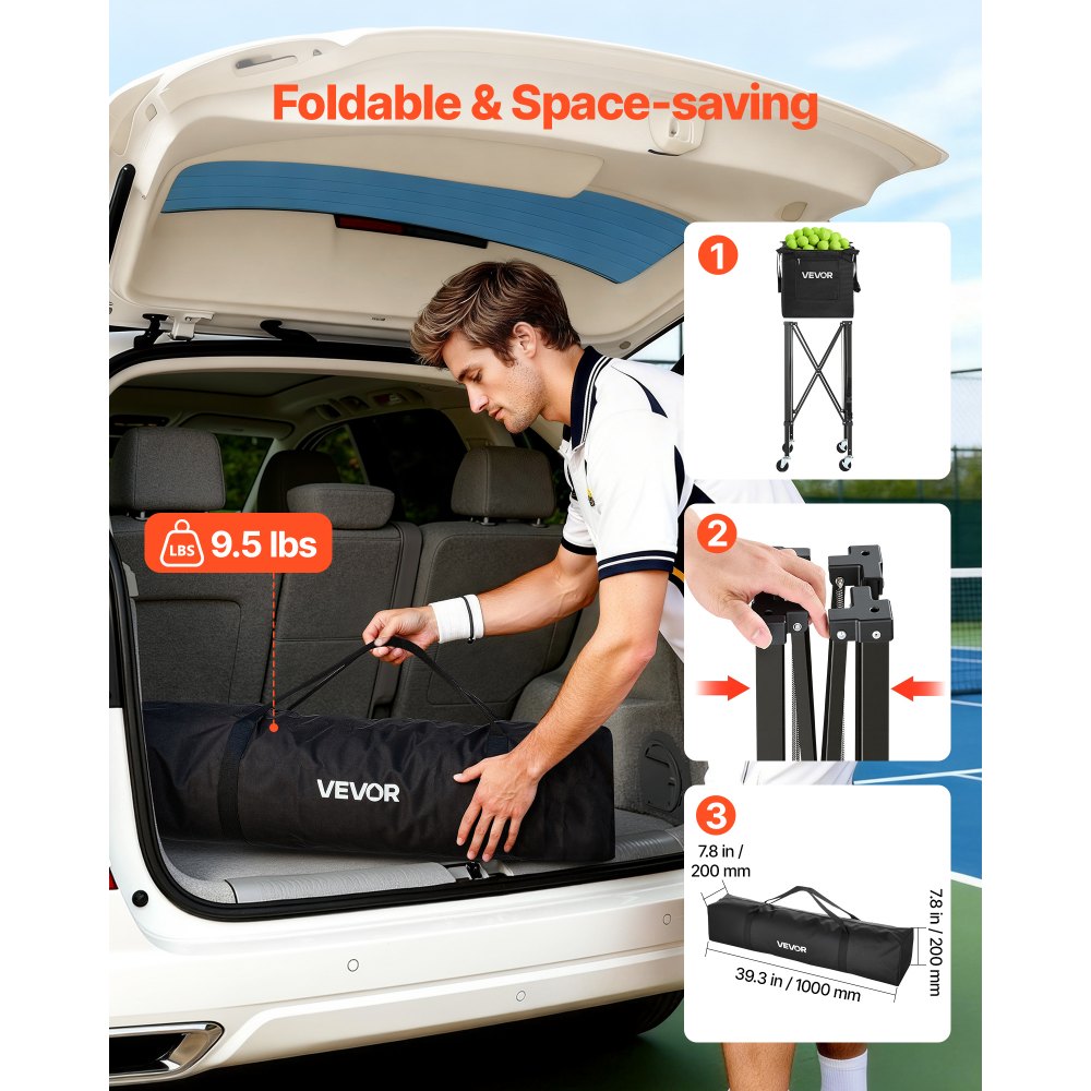 VEVOR Opvouwbare Tennisballenwagen, Tennisballenmand voor 150 tennisballen, Inklapbare ballenwagen met frame van aluminiumlegering en draagtas, Mobiele ballenmand met wielen voor trainingsdoeleinden en opslag, Zwart