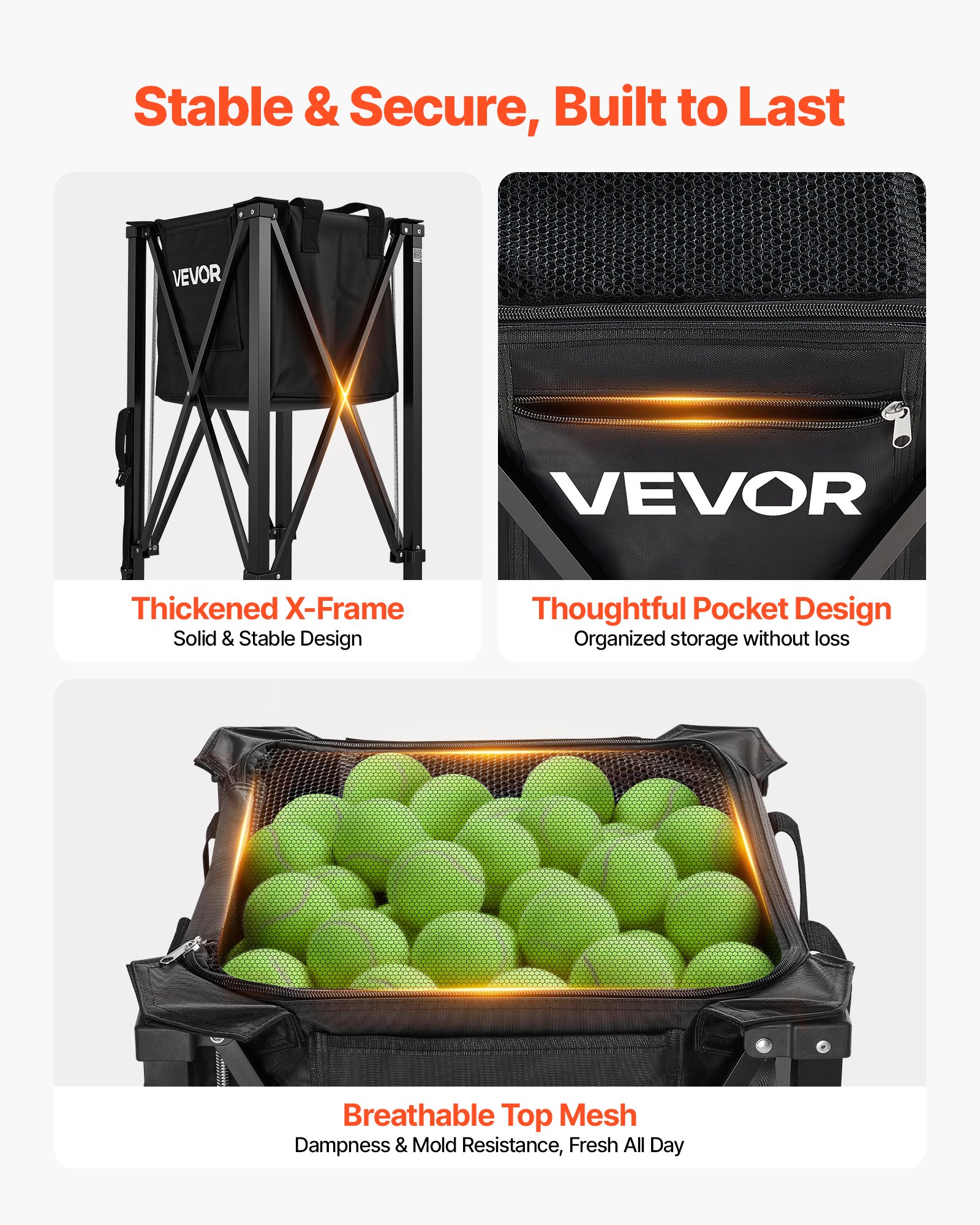VEVOR Opvouwbare Tennisballenwagen, Tennisballenmand voor 150 tennisballen, Inklapbare ballenwagen met frame van aluminiumlegering en draagtas, Mobiele ballenmand met wielen voor trainingsdoeleinden en opslag, Zwart