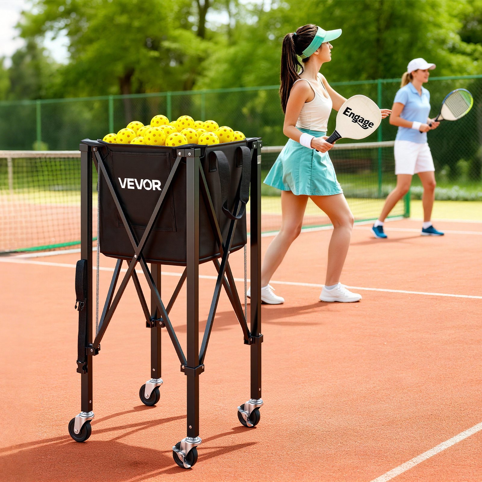 VEVOR Opvouwbare Tennisballenwagen, Tennisballenmand voor 150 tennisballen, Inklapbare ballenwagen met frame van aluminiumlegering en draagtas, Mobiele ballenmand met wielen voor trainingsdoeleinden en opslag, Zwart