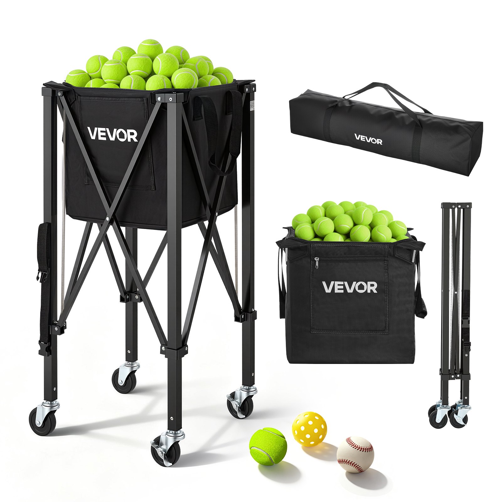 VEVOR Opvouwbare Tennisballenwagen, Tennisballenmand voor 150 tennisballen, Inklapbare ballenwagen met frame van aluminiumlegering en draagtas, Mobiele ballenmand met wielen voor trainingsdoeleinden en opslag, Zwart