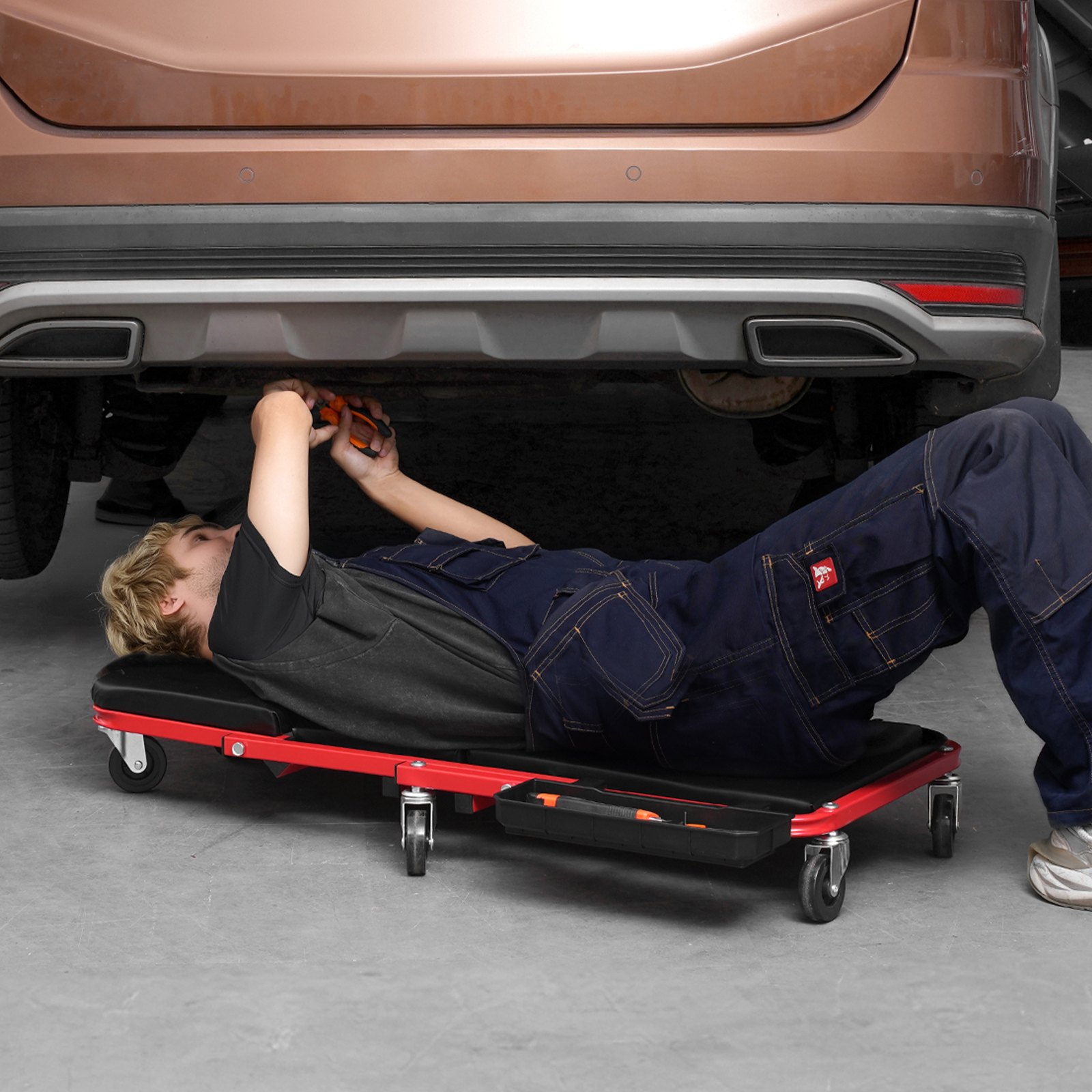 VEVOR Montage Rolplank Werkplaatswagen, 914 mm, 136 kg Laadvermogen Rolplank voor Monteurs, Opvouwbaar Bed voor Motorvoertuigen met 6 Zwenkwielen, Gevoerde Hoofdsteun, Werkplaatsbed Garages