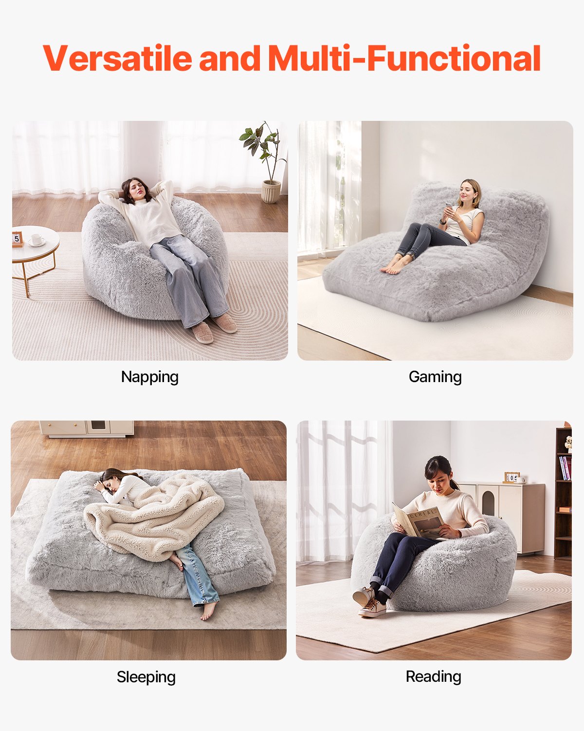 VEVOR Bean Bag Bed Convertible Bean Bag Chair to Mattress, Bed Chair (1118 x 1118 x 686 mm) met wasbare hoes voor volwassenen, gevuld met zacht pluche, grijs (volledige maat)