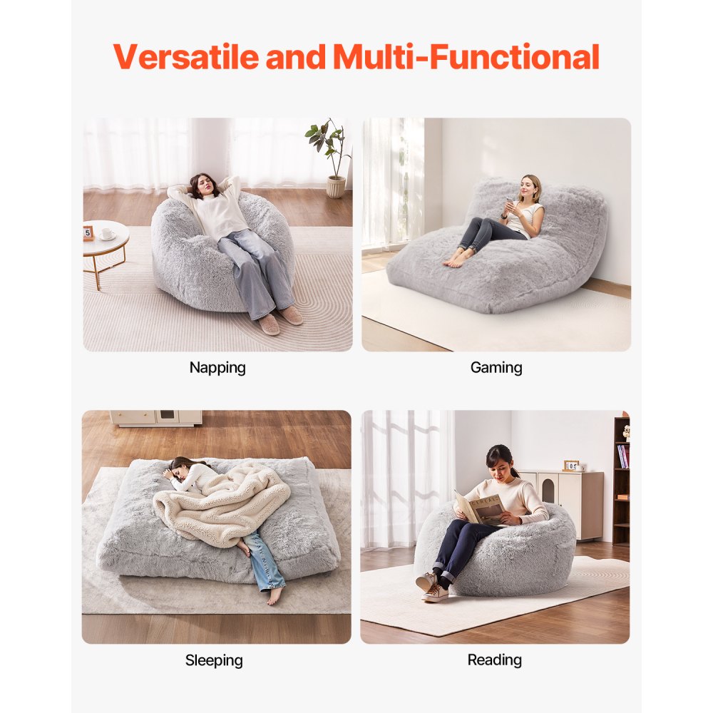 VEVOR Bean Bag Bed Convertible Chair van zitzak tot matras, bedstoel (1220 x 1220 x 762 mm) met wasbare hoes voor volwassenen, gevuld met zacht pluche, grijs (Queen Size)