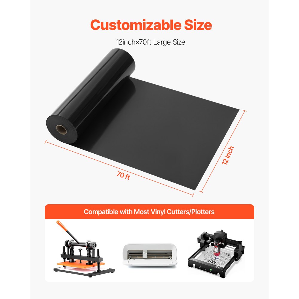 VEVOR Heat Transfer Vinyl (304,8 x 21336 mm), glanzend zwart HTV strijkvinylrol, compatibel met snijmachines, voor diverse materialen: T-shirts, kussens, hoeden