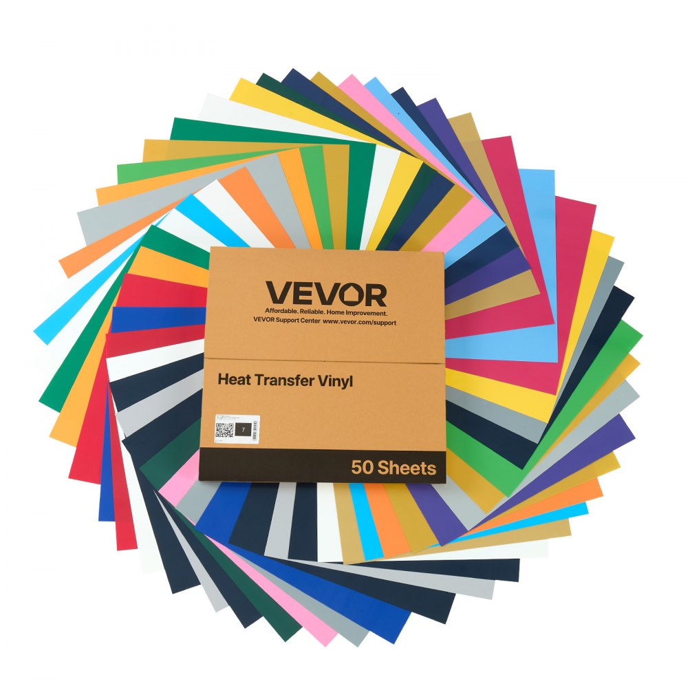VEVOR Heat Transfer Vinyl (304,8 x 304,8 mm) 50 vellen, diverse kleuren, plotterfilm compatibel met snijmachines, strijkfolie voor T-shirts, kussens, hoeden