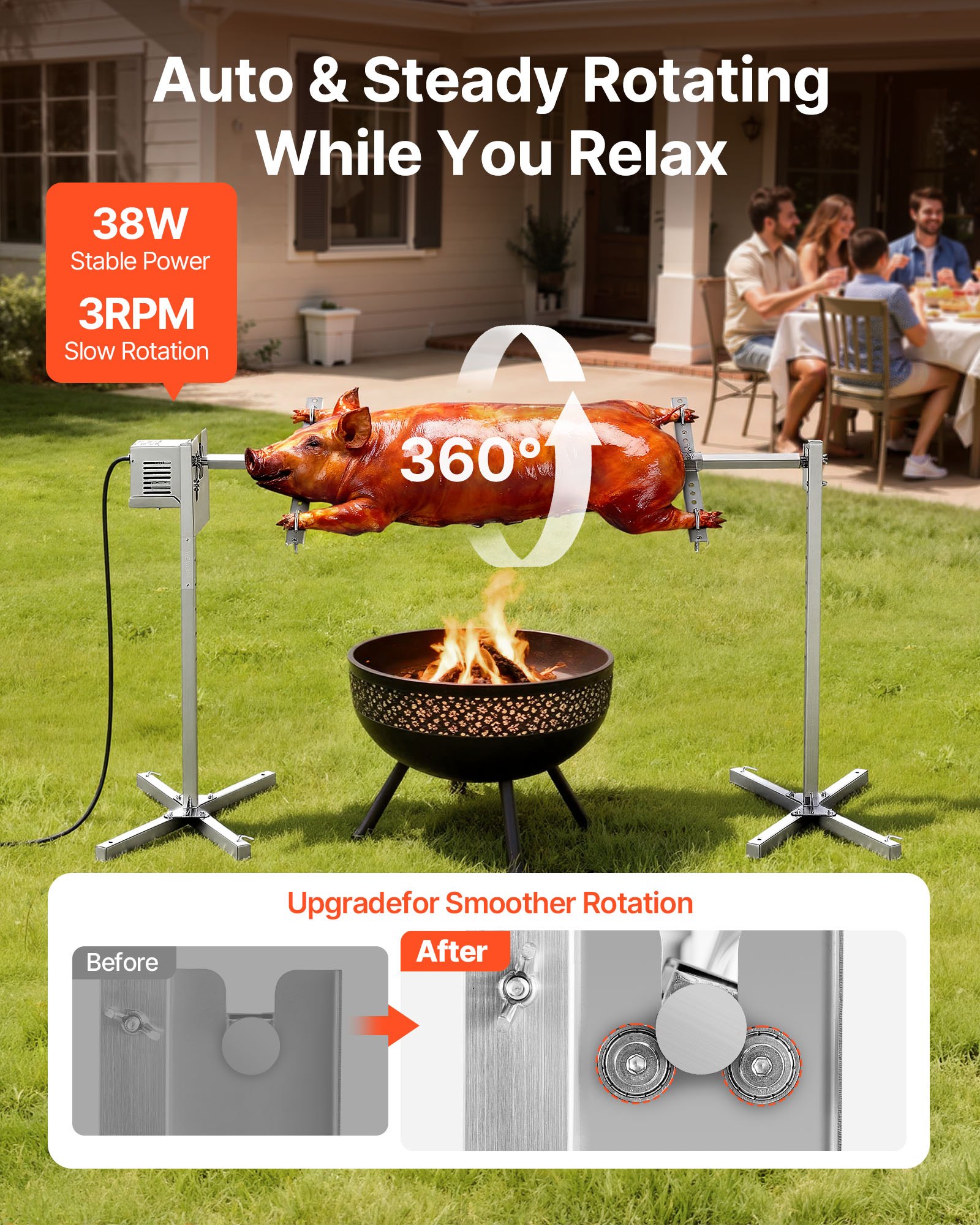 VEVOR Speenvarkengrill, Lamsgrill, Spitgrill, Rotisseriegrill 1422,4 mm, AC 220-240 V, 8-traps elektrische rotisseriegrillset met een draagvermogen van 60 kg, 38 W motor, grillset voor feestjes