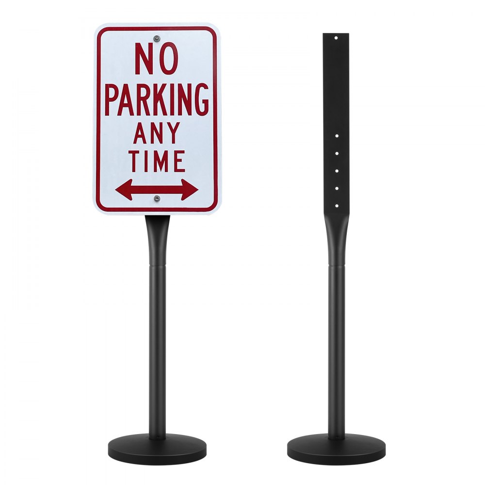 VEVOR cast iron sign post with "no parking any time" sign in red and white, shown from front and side.