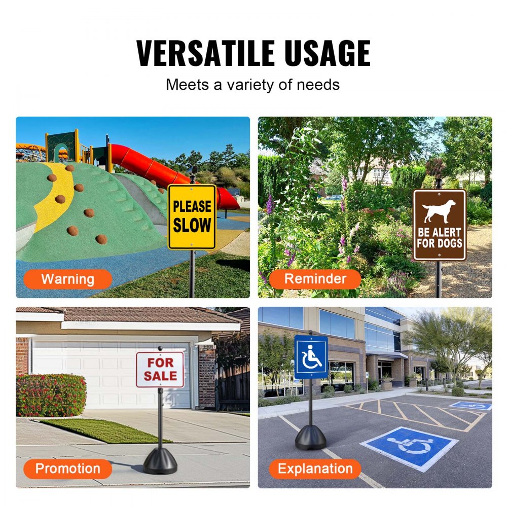 VEVOR draagbare verkeersbordpaal, 1,52 m lange gietijzeren verkeersbordpaalhouder met harde kunststof voet en wielen, verplaatsbare parkeerbordstandaard voor verboden parkeerborden, gehandicaptenparkeerplaatsbord, met voet, schroeven en moeren, zwart