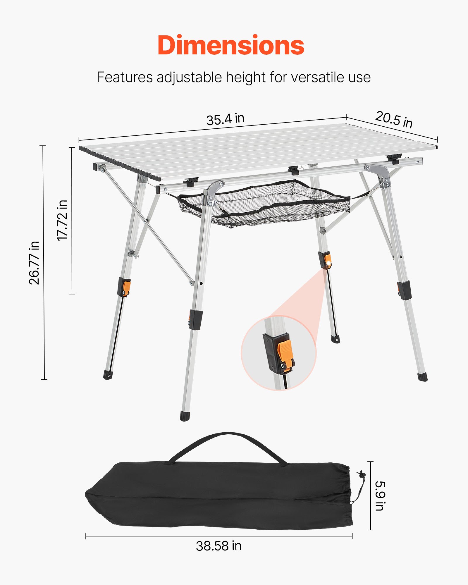VEVOR Folding Camping Table, Portable Roll Up Side Tables, Lightweight Aluminum Beach Table with Adjustable Height, Top Mesh Layer and Carry Bag, For Outdoor BBQ Tailgating Picnic, Travel, Silver