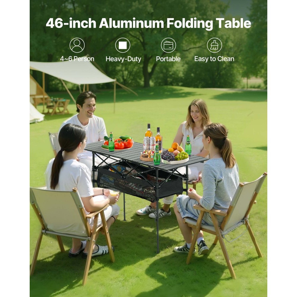VEVOR Opvouwbare tafel Buffettafel Draagbare Multifunctionele tafel 120 cm, Rechthoekige aluminium tafel (voor 4-6 personen) met verstelbare hoogte & draagtas, Tuintafel Campingtafel voor Feesten Picknicks Zwart