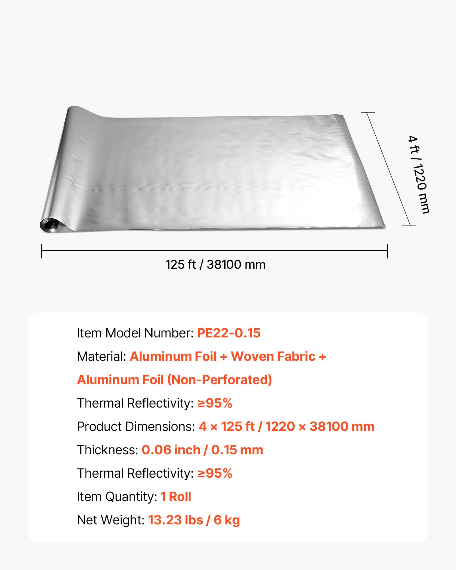VEVOR Isolatiefolie, Niet-geperforeerde stoffen isolatiefolie, 0,15 mm reflecterende folie 38,1 m x 122 cm, Dubbelzijdige warmtereflecterende bescherming van aluminiumfolie, Thermische isolatierol voor daken van ramen