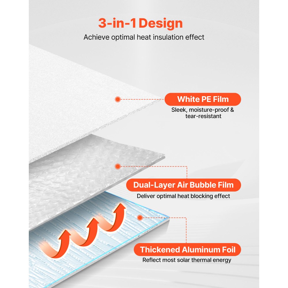 VEVOR isolatiefolie, noppenfolie, 6 mm, 122 cm x 30,48 m, aluminiumfolie, witte PE-folie, warmtereflecterende bescherming, thermische isolatierol voor garagedeuren, ramen en camperdaken