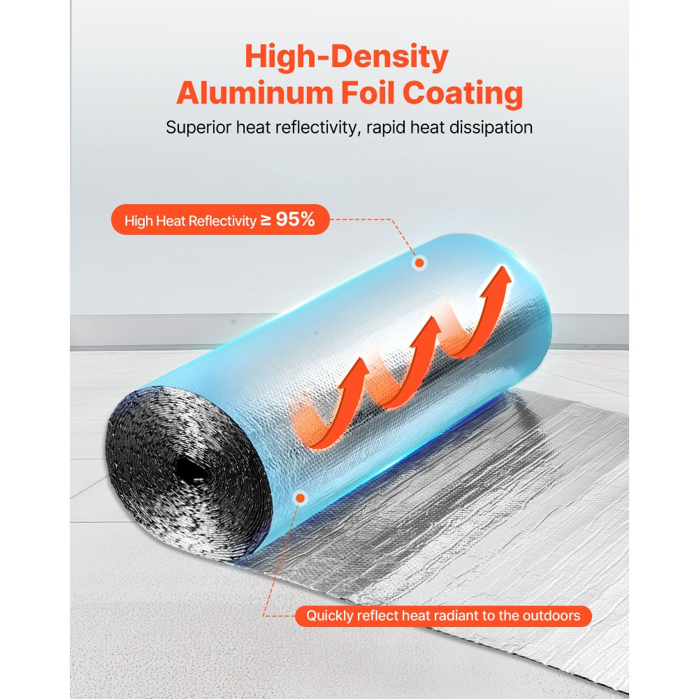 VEVOR Double Reflective Insulation Roll, Double-Sided Aluminum Foil Radiant Barrier, 6mm 30.48 m x 1.22 m, Dual-Layer Air Bubble Heat Reflective Shield, Thermal Insulation Roll for Garage Door Window RV Roofs