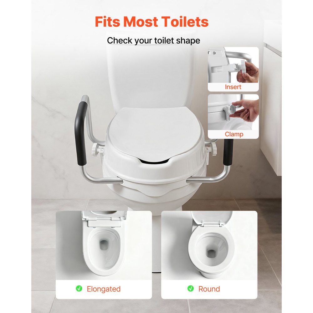 VEVOR toiletbrilverhoger met een draagvermogen van 136 kg en een hefhoogte van 101,6 mm, inclusief toiletbril, verhoogde toiletbril met gewatteerde handgrepen voor ouderen, senioren en zwangere vrouwen.