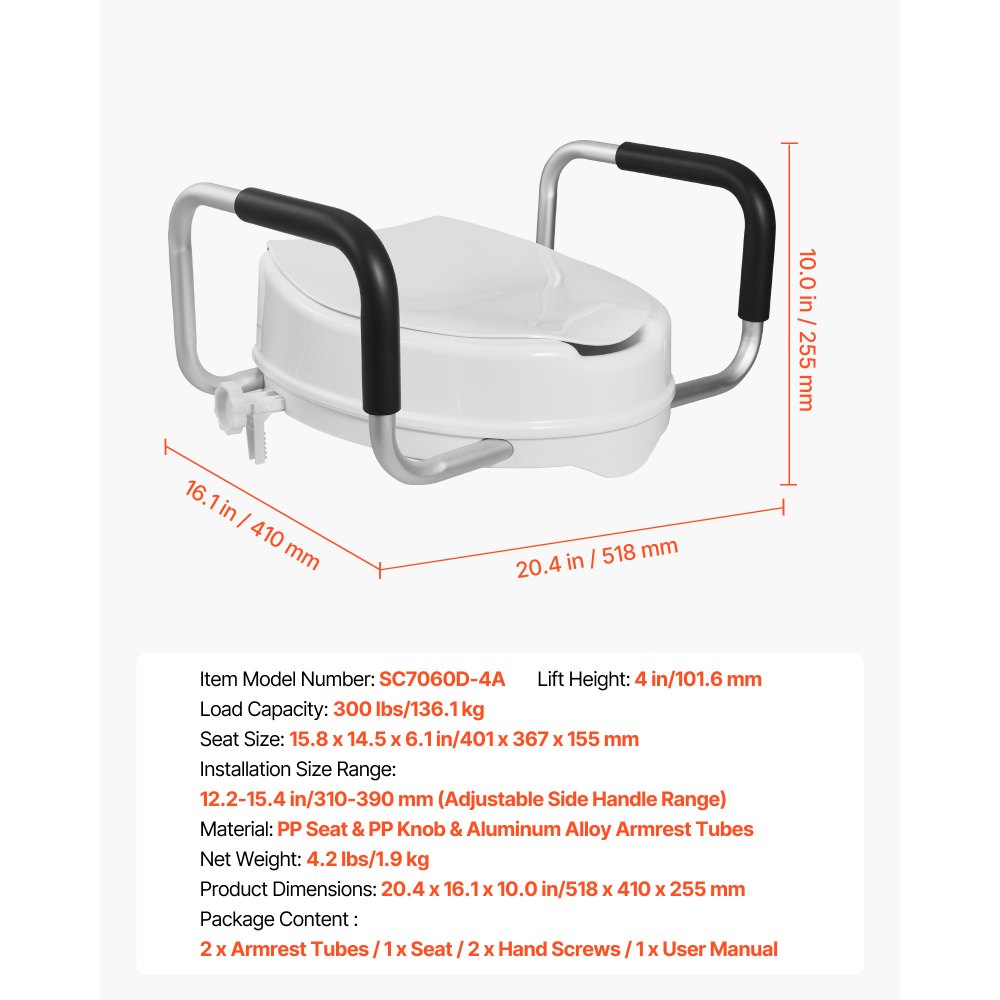 VEVOR toiletbrilverhoger met een draagvermogen van 136 kg en een hefhoogte van 101,6 mm, inclusief toiletbril, verhoogde toiletbril met gewatteerde handgrepen voor ouderen, senioren en zwangere vrouwen.