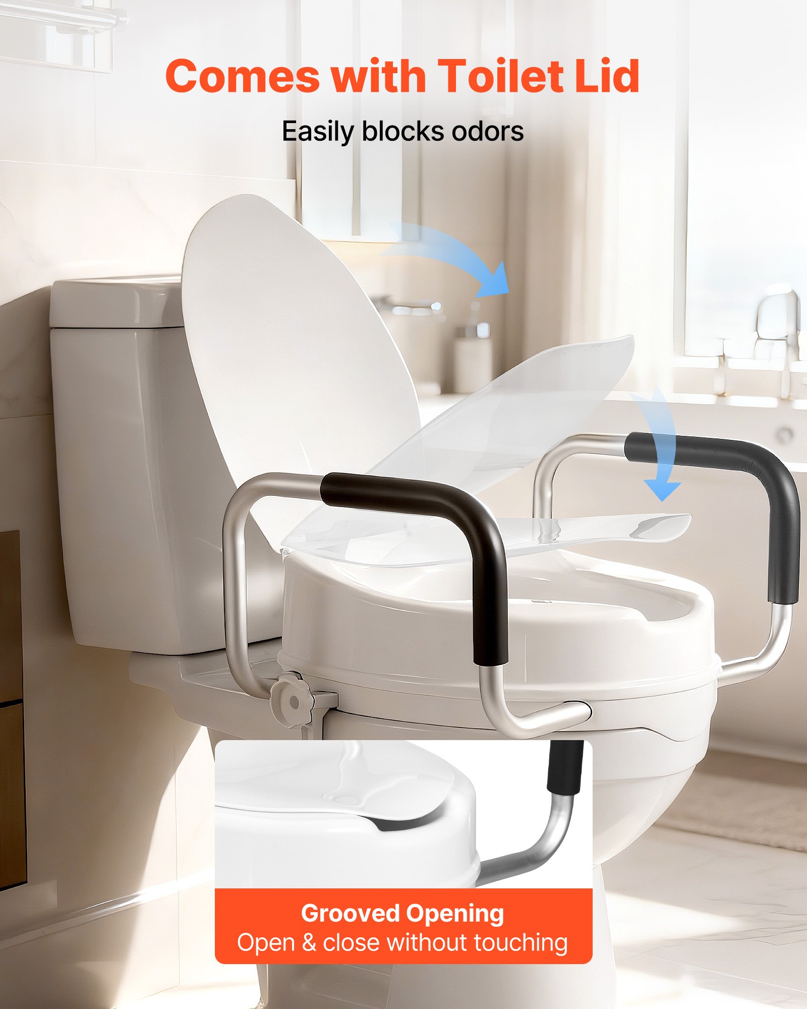 VEVOR toiletbrilverhoger met een draagvermogen van 136 kg en een hefhoogte van 101,6 mm, inclusief toiletbril, verhoogde toiletbril met gewatteerde handgrepen voor ouderen, senioren en zwangere vrouwen.