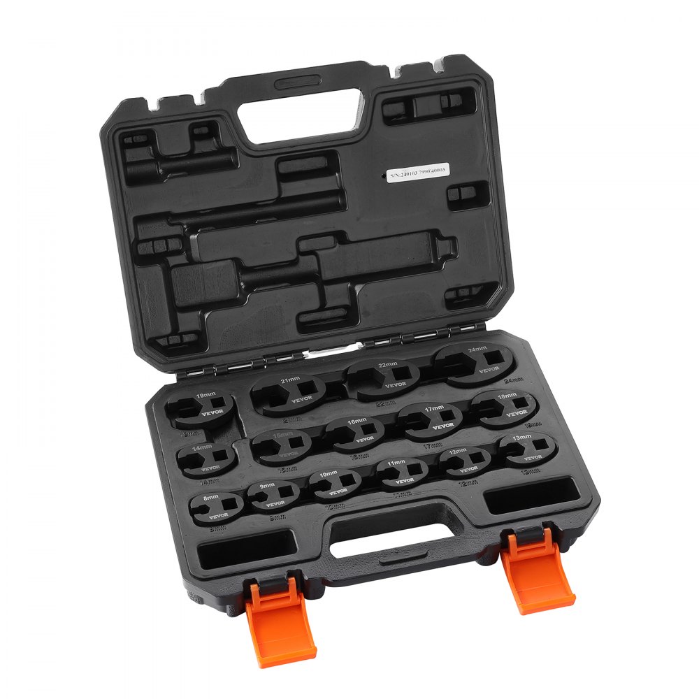 VEVOR crowfoot wrench set in a black case with orange clips, featuring various wrench sizes.