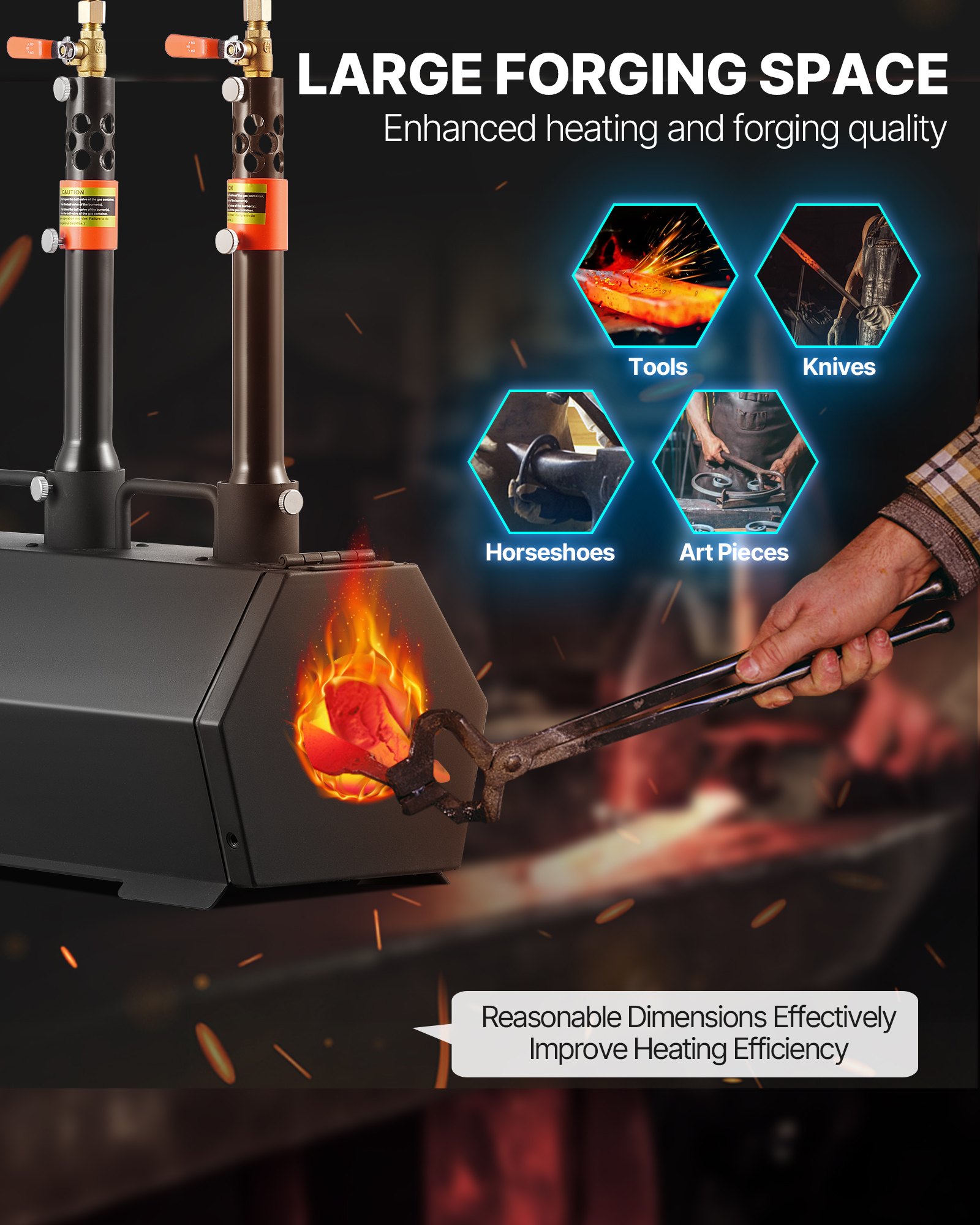 VEVOR Portable Propane Forge, 3 Burners, 1427℃ Tool and Knife Making Blacksmithing Farrier Forge, Large Capacity Hexagon, Cold-Rolled Steel Gas Forging Tools and Equipment, Use for Metal Forging