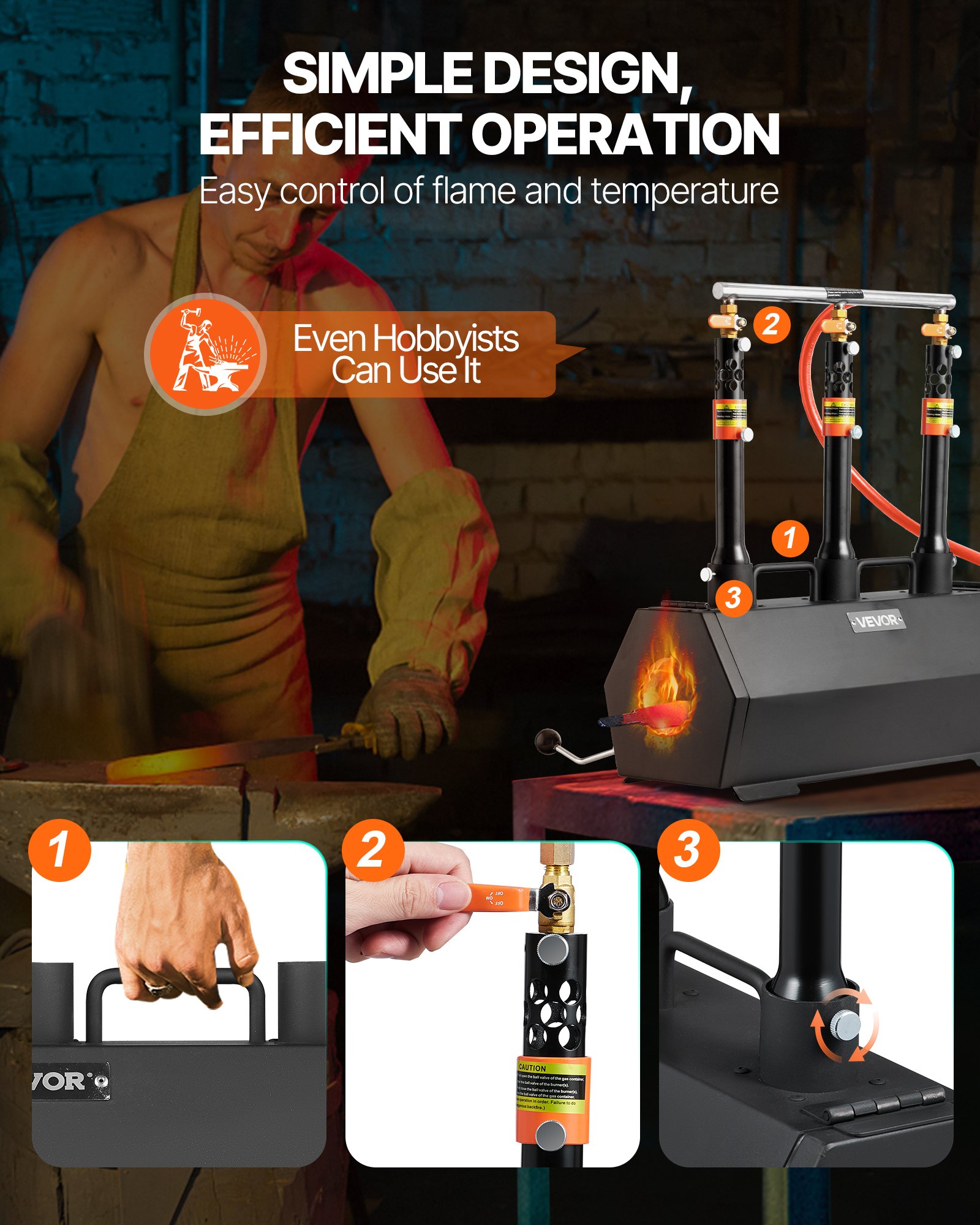 VEVOR Portable Propane Forge, 3 Burners, 1427℃ Tool and Knife Making Blacksmithing Farrier Forge, Large Capacity Hexagon, Cold-Rolled Steel Gas Forging Tools and Equipment, Use for Metal Forging