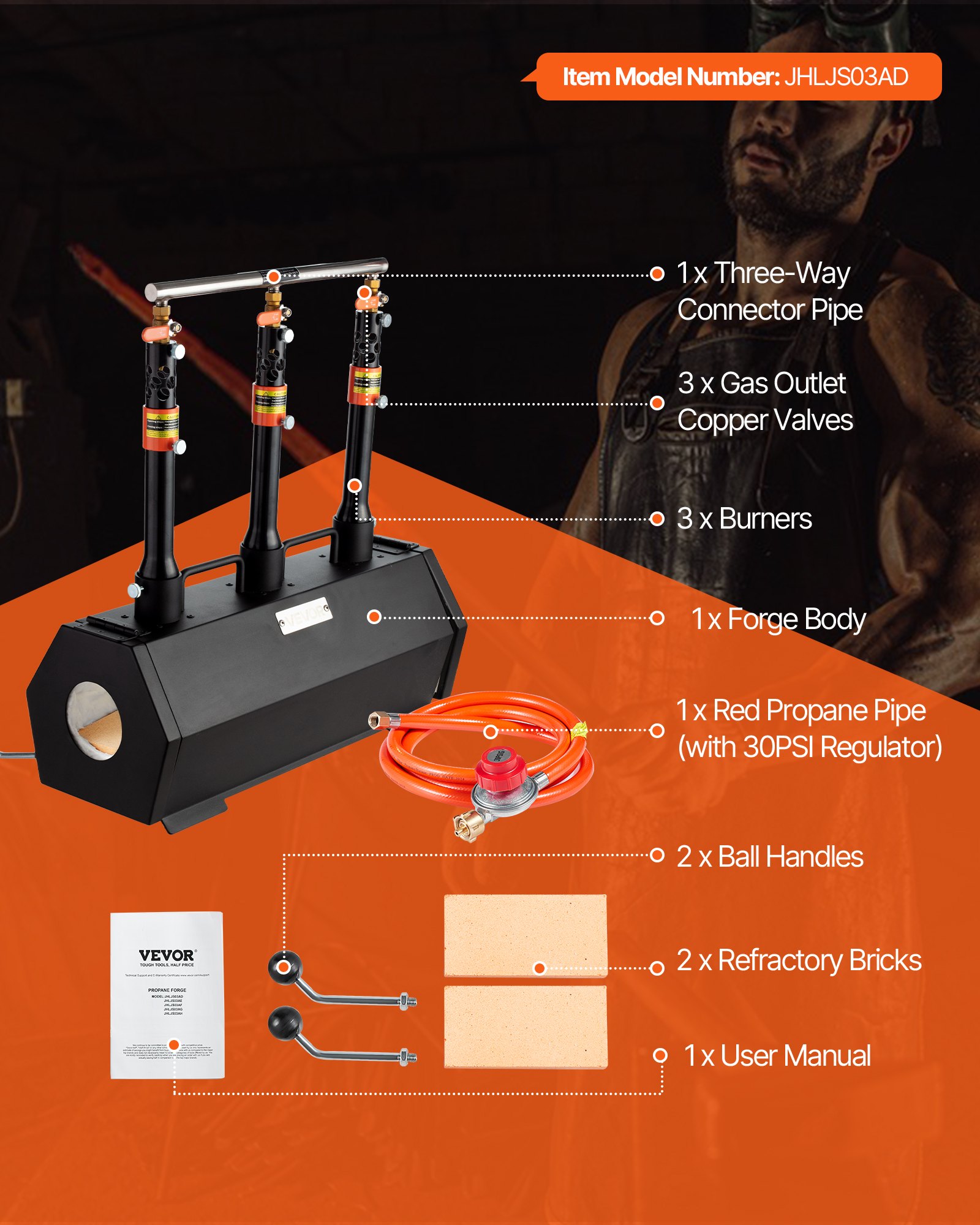 VEVOR Portable Propane Forge, 3 Burners, 1427℃ Tool and Knife Making Blacksmithing Farrier Forge, Large Capacity Hexagon, Cold-Rolled Steel Gas Forging Tools and Equipment, Use for Metal Forging