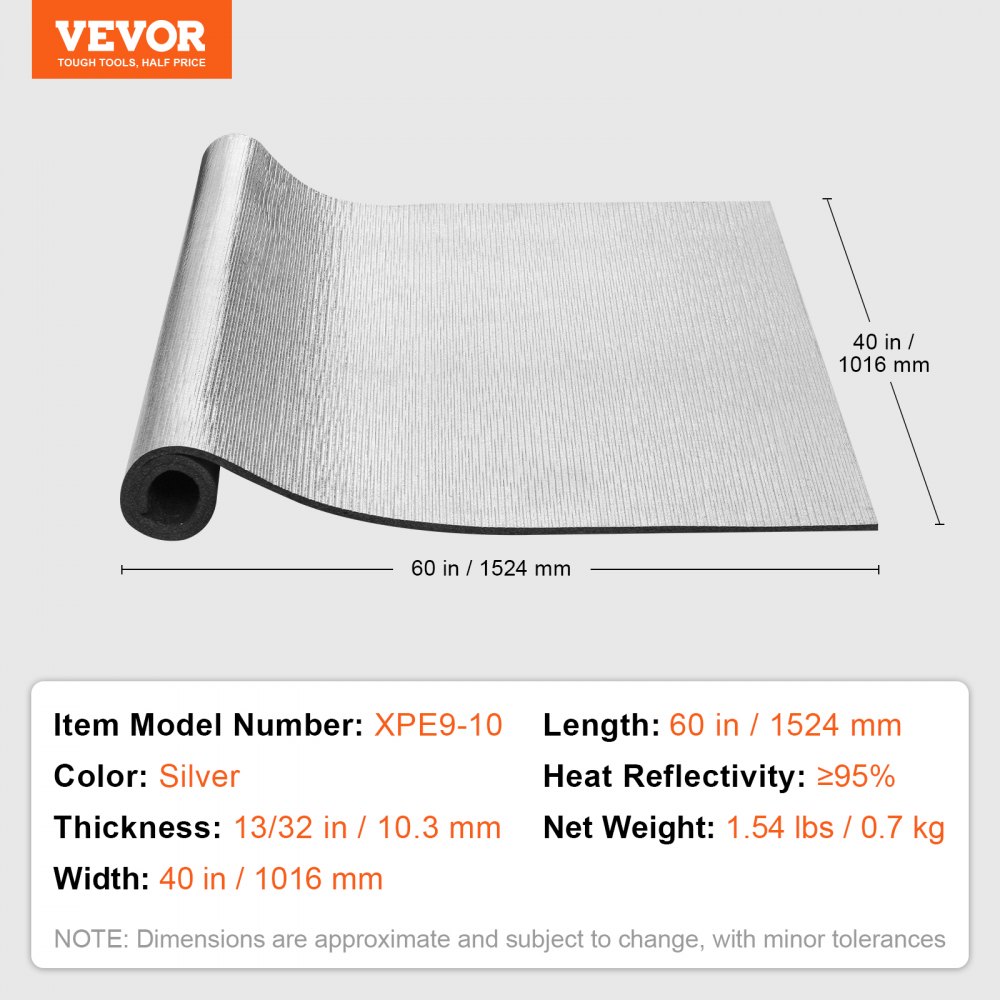 VEVOR reflecterende isolatierol, stralingsbarrière met XPE-schuimkern, 10,3 mm 40 inch x 5 ft, warmtereflecterend schild met aluminiumfolie-schuimkern, thermische isolatierol voor garagedeur, raam, camperdak