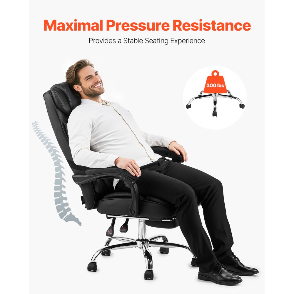 VEVOR Executive Chair, High Back Office Chair with Footrest and Lumbar Pillow, Ergonomic Desk Chair 135° Recline & Adjustable Height, PU Leather Swivel Rolling Chair for Work, Study, Game, Black