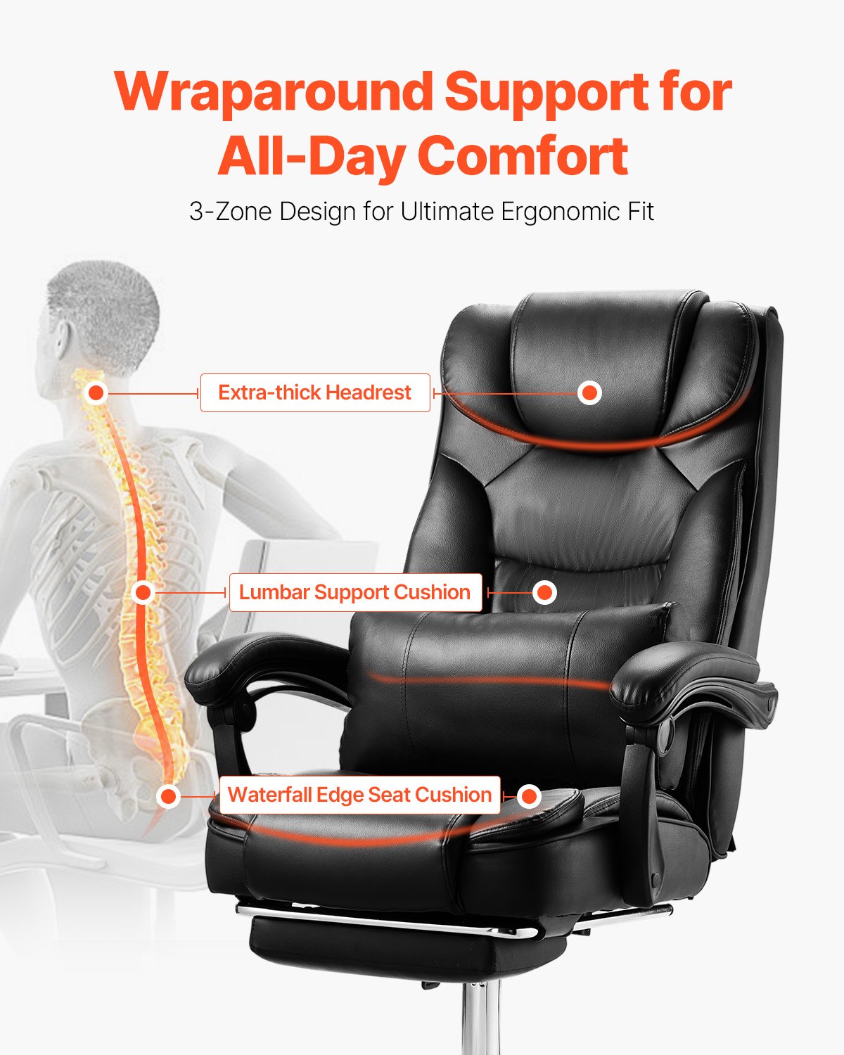 VEVOR Executive Chair, High Back Office Chair with Footrest and Lumbar Pillow, Ergonomic Desk Chair 135° Recline & Adjustable Height, PU Leather Swivel Rolling Chair for Work, Study, Game, Black