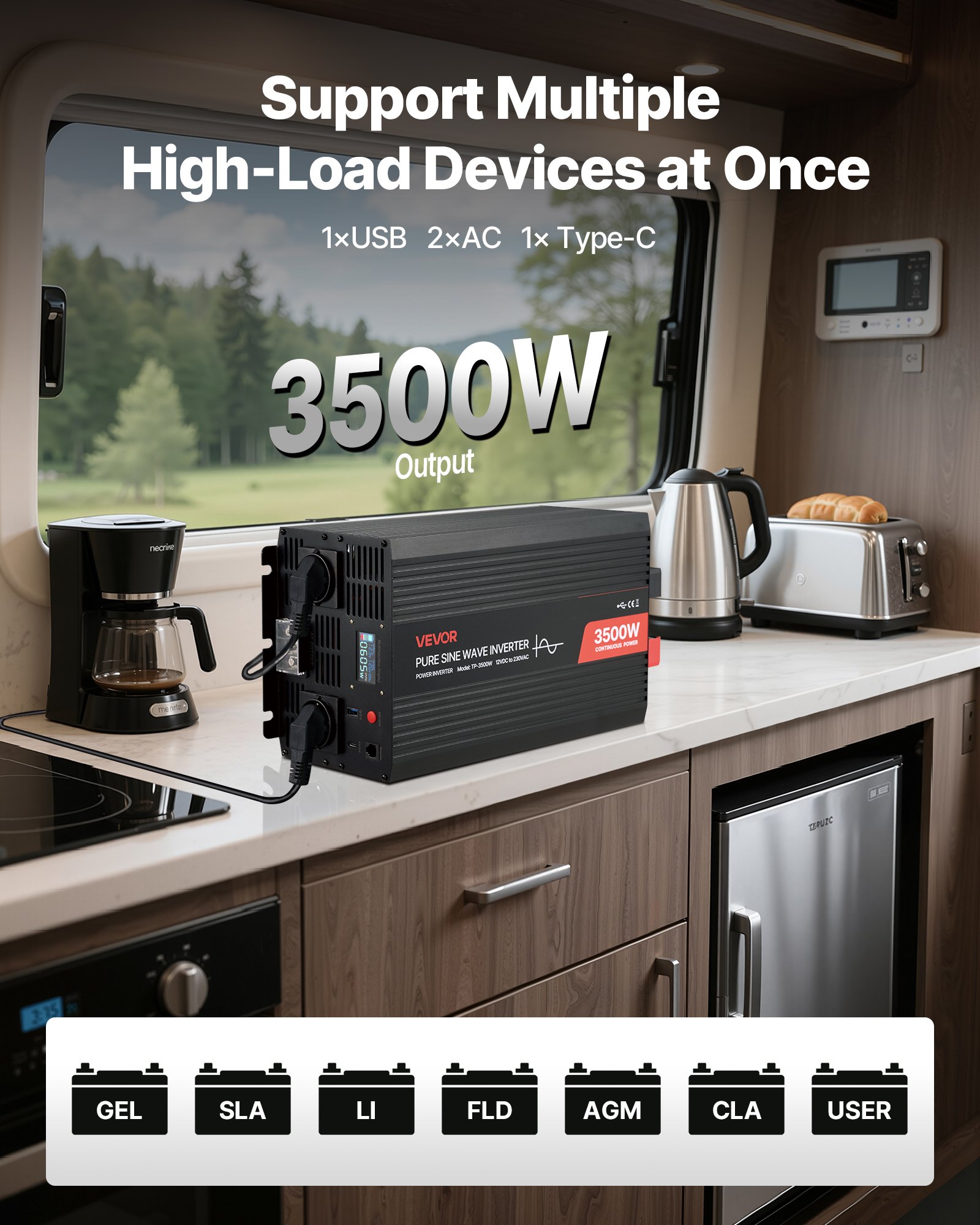 VEVOR 3500 W omvormer, 12 V DC naar 230 V AC, zuivere sinusomvormer, zonne-autolader met LCD-scherm, afstandsbediening, USB-poort, 2 stopcontacten, Type-C-poort