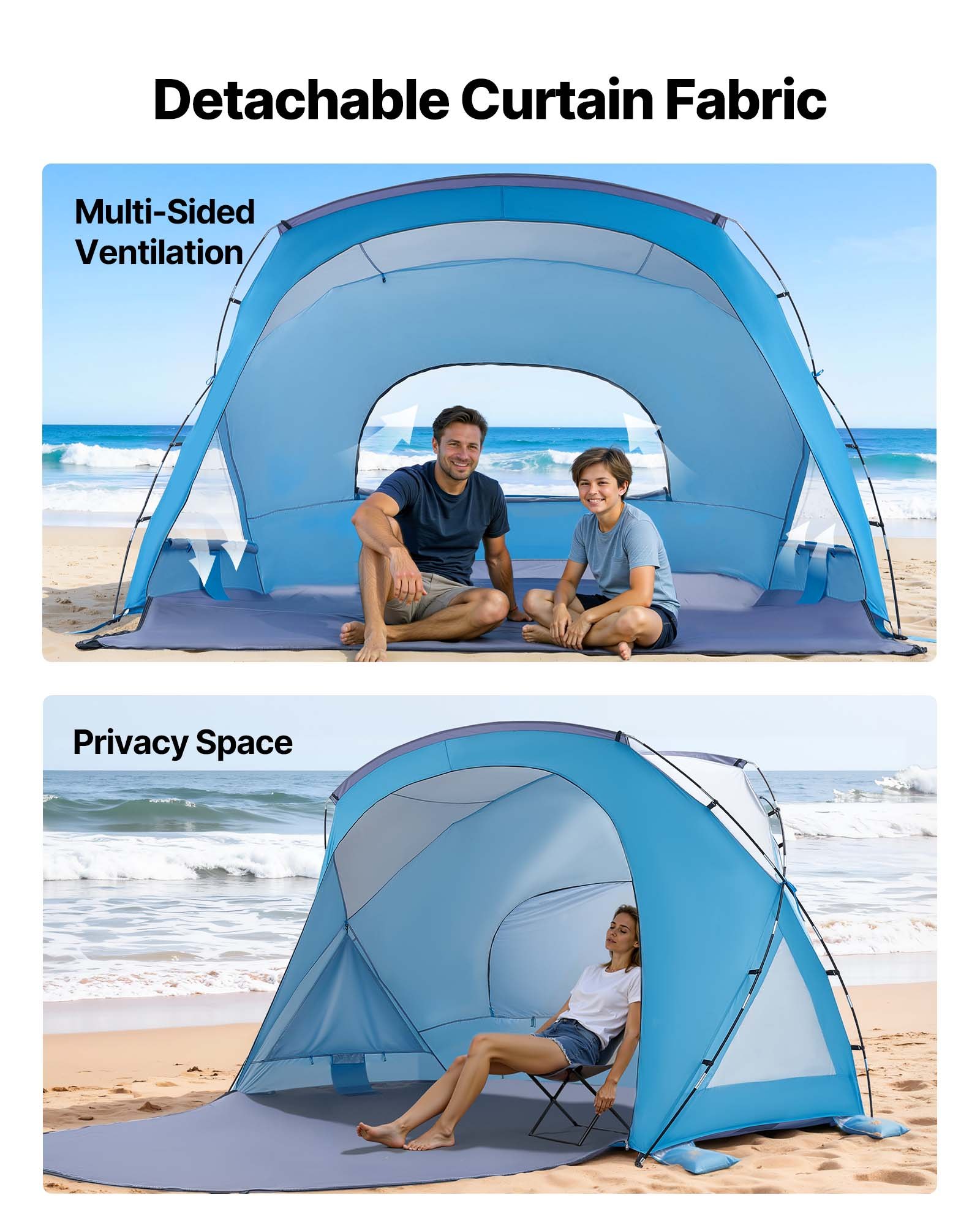 VEVOR strandtent met zonnescherm voor 6 personen, UPF 50+ bescherming, draagbare strandtent met draagtas en grondankers, stevige strandparasol voor kamperen, vissen, picknicken, zonnetent